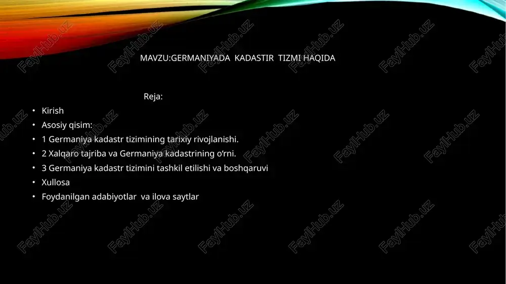ilish zarurligi tushunildi. , 3. xix asr – kadastrning shakllanishi 1800-yillardan boshlab germaniyaning ko‘plab hududlarida geodezik o‘lchov ishlari keng qamrovda olib borildi. yer uchastkalari chegaralari aniq o‘lchab, kadastr xaritalari tuzildi. shu davrda kadastr tizimi huquqiy asosda mustahkamlandi va soliq yig‘ishda asosiy manba bo‘lib xizmat qila boshladi. 4. xx asr – modernizatsiya davri ikkinchi jahon urushidan keyin germaniya bo‘lingan davrda ham (g‘arbiy va sharqiy germaniya) kadastr alohida rivojlandi. 1960–1970-yillarda kadastr ma’lumotlari asta-sekin elektron shaklga o‘tkazila boshladi. . 5. xxi asr – raqamli tizim (alkis) 2000-yillardan boshlab barcha federal yerlar yagona standart asosida ishlashga o‘tdi. 2015-yilda alkis (amtliches liegenschaftskatasterinformationssystem) butun germaniya bo‘ylab to‘liq joriy etildi. bugungi kunda germaniya kadastr tizimi to‘liq raqamlashtirilgan, huquqiy kuchga ega va xalqaro miqyosda eng ishonchli tizimlardan biri hisoblanadi. . xalqaro tajriba va germaniya kadastrining o‘rni yer kadastri va yer reestri tizimi har bir mamlakatda o‘ziga xos shaklda rivojlangan bo‘lsa-da, germaniya tajribasi dunyo miqyosida eng ilg‘or va ishonchli …