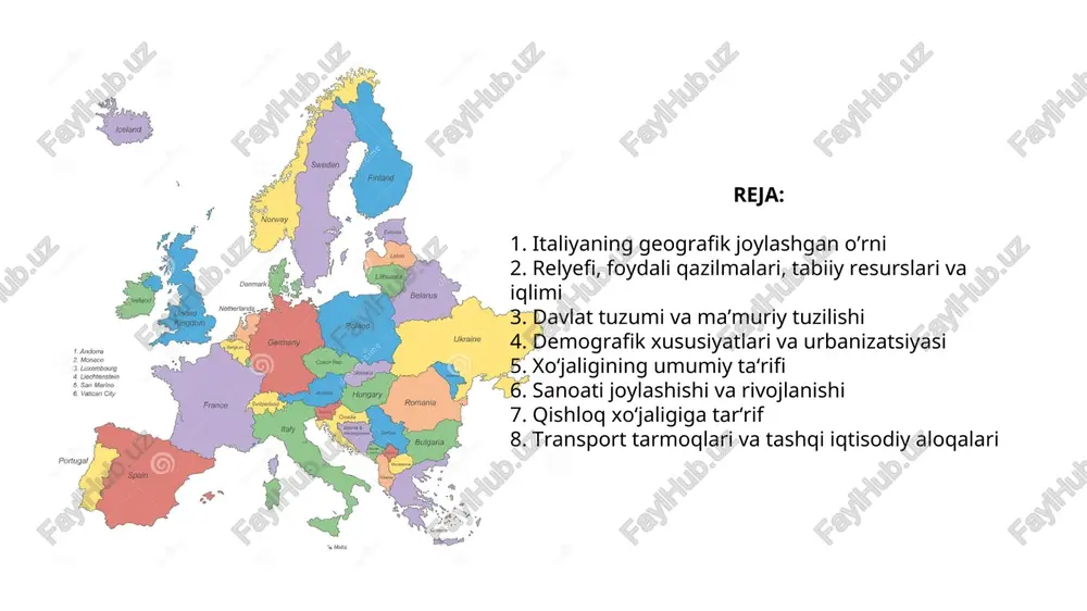 alari quruqlikdagi chegaralaridan 4 marta uzun. apennin yarim oroli, po tekisligi, alp togʻlarining janubiy yon bagʻirlari, sitsiliya, sardiniya orollari va bir qator kichik orollarni egallaydi. mamlakat uchun franciya va shimolda boshqa yevropa davlatlari bilan chegaradosh ekanligi, shuningdek dunyo okeaniga bevosita chiqishi katta ahamiyatga ega. geografik joylashgan o’rni relyefi italiya asosan togʻli davlat boʻlib, hududining 1/3 qismini togʻlar va 702 m dan yuqori bo’lgan balandliklar egallaydi. tekisliklar mamlakat hududining 1/4 qismidan kamroq qismini egallaydi. mamlakat shimolida alp tog'larining janubiy yon bag'irlari joylashgan. italiyadagi g'arbiy alp tog'larida liguriya va dengizbo’yi alp tog'lari ajralib turadi, shimoli-sharqda esa kottian, grayan, pennin va lepontin alp tog'lari cho'ziladi. italiya orollarining relyefi ham tog'li. sitsiliyada iblean togʻlari, le-madonie, nebrodi, peloritani va etna togʻlari (3340 m), yaqin atrofda stromboli va vulkano vulqonli orollari joylashgan. sardiniyada gennargentu bilan la marmora tog’lari (1834 m) joylashgan. korno-grande cho’qqisi – 2912 m italiyaning eng muhim minerallari simob rudalari, mahalliy oltingugurt va rtutdir. …