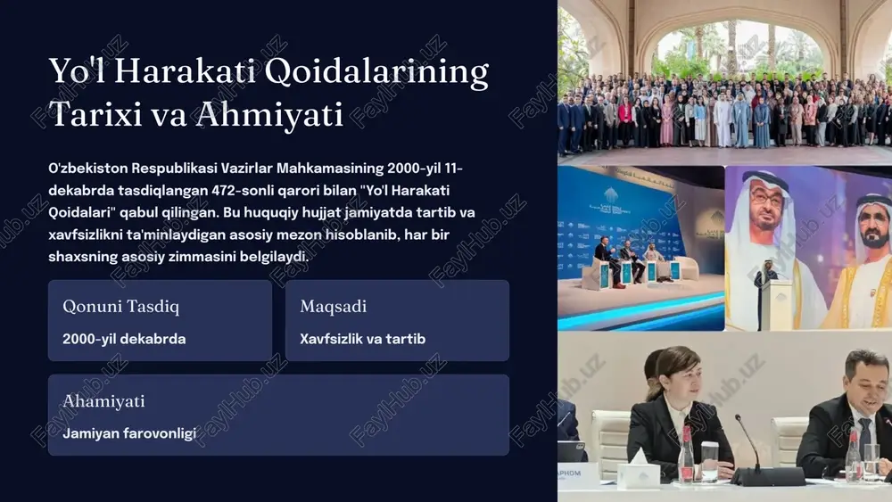 ydovchilar va piyodalar uchun svetofordan ustun bo'lib, majburiy amal qilish shart. 6 velosipedchilar va individual harakat vositalari qoidalari velosipedchilar faqat maxsus yo'laklarda yoki yo'lning tashqi chetida harakatlanish majburiy. helmetsiz harakatlanish taqiqlangan elektr skuterlar maxsus yo'laklarda harakat qilish va tezlik chekloviga amal qilish zarur. piyodalar yo'lakchada harakatlanish taqiqlangan mototsikllar motorli velosipedlar haydovchi va yo'lovchi uchun helmeta, ehtiyot vositalari bilan harakatlanishi zarur 7 bolalar va yo'l harakati xavfsizligi bolalar uchun muhim qoidalar bolalar faqat piyodalar yo'lakchasi bo'ylab harakatlanishi tavsiya etiladi yo'lni kesishda kattalarning albatta ruxsati talab etiladi 8 yoshgacha bolalar yo'lda tanglang bilan yoki kattalari bilan bo'lishi kerak kattalar bolalarga yo'lni xavfsiz kesib o'tishda yordam berishi zarur 8 haydovchilar va piyodalar o'rtasidagi hamkorlik haydovchi ehtiyotkorligi piyodalar qoidalarga amal yo‘l xavfsizligi va tartib haydovchilar piyodalarga yo'l berishi, piyodalar esa qoidalarni qat'iy bajarishi yo'l xavfsizligini ta'minlaydi. e'tiborni chalg'ituvchi vositalardan telefon, musiqa va boshqalardan foydalanmaslik muhim. haydovchining mas'uli ehtiyotkorlik va diqqat piyodaning mas'uli qoidalarga rioya …