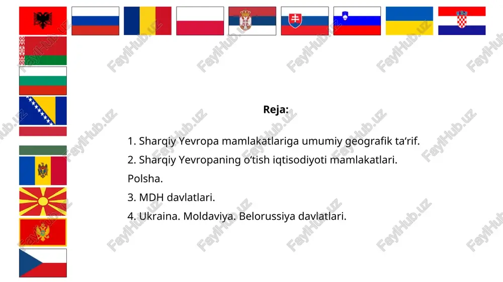 n, ulkan sharqiy yevropa tekisligidan iborat boʻlsada, yirik tog’ tizimlari ham mavjud. tog’lar chexiya, slovakiy, ruminiya, albaniya va sobiq yugoslaviya davlatlari hududining katta qismini egallaydi. foydali qazilmalardan neft va tabiiy gaz (rossiya, ruminiya), tosh va qoʻng’ir koʻmir (ukraina, rossiya, polsha, chexiya, slovakiya, serbiya), temir rudalari (rossiya, ukraina, polsha), rangli metallar (albaniya, serbiya, bosniya va gersegovina, ruminiya), kaliy tuzlari (belarus, rossiya), torf (belarus, rossiya) zaxiralari mavjud. sharqiy yevropaning tog’li mamlakatlari gidroenergiya resurslariga boy. shuning uchun ham slovakiya, bosniya va gersegovina, ruminiya, albaniyaning energetika balansida geslar ulushi yuqori. aholisi aholi daryo vodiylari, dengiz boʻylarida hamda yirik sanoat rayonlarida zich joylashgan. urbanizatsiya darajasi moldova hamda bosniya va gersegovinadan tashqari barcha davlatlarda 50 foizdan yuqori, ayrim davlatlarda esa u 70 foizdan yuqori (belarus, bolgariya, chexiya, vengriya, rossiya). yevropaning boshqa subregionlarga nisbatan sharqiy yevropaning shaharlashuv darajasi biroz pastroq. eng yirik shahar aglomeratsiyalari moskva, sankt-peterburg, praga, kiyev, budapesht shaharlari, shuningdek ukrainadagi donetsk-dneprboʻyi va polshadagi sileziya sanoat …