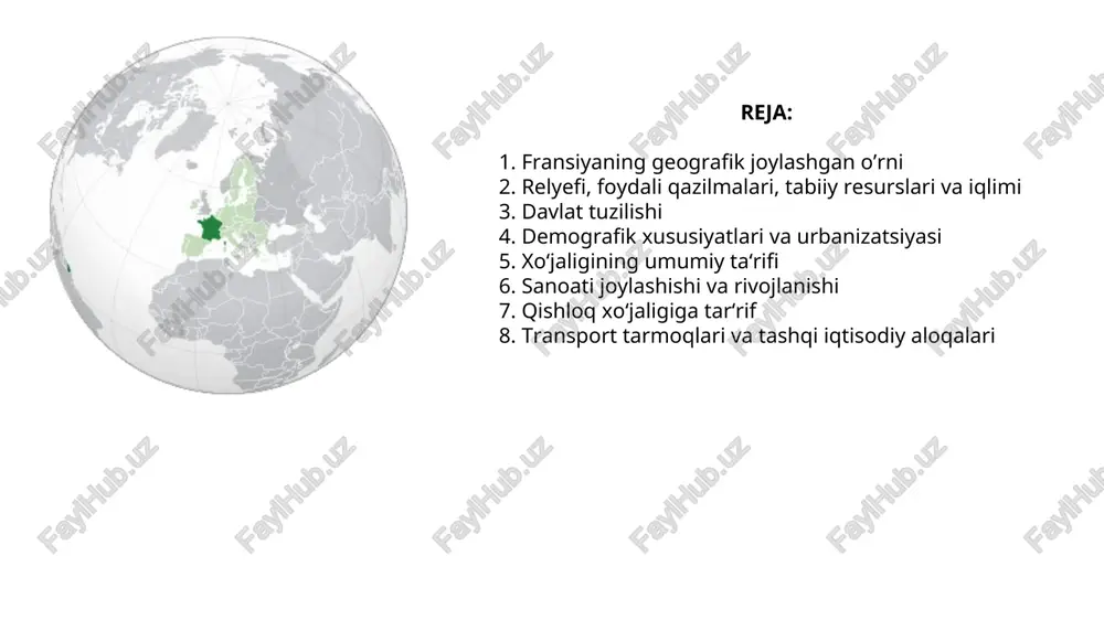 a (56,6 km), janubi-sharqda monako (4,4 km), shimoli-sharqda belgiya (620 km), lyuksemburg (73 km) va germaniya (451 km), sharqda shveysariya (573 km) va italiya (488 km) davlatlari bilan chegaradosh. janubda mamlakat oʻrta yer dengizi, g’arbda biskay koʻrfazi, shimoli-g’arbda la-mansh va pa-de-kale boʻg’ozlari orqali buyuk britaniya bilan chegaradosh. oʻrta yer dengizidagi korsika oroli, toʻrtta dengizorti departamentlari - martinika, gvadelupa, reyunon, fransuz gvianasi hamda dengizorti hududlari – fransiya polineziyasi, yangi kaledoniya, sen per va mikelon, tinch okeanidagi bir qator arxipelaglar fransiyaga tegishli. mamlakat uchun gfr va italiya bilan chegaradosh ekanligi hamda buyuk britaniyaning yaqinligi katta ahamiyatga ega. geografik joylashgan o’rni relyefi fransiyaning relyefi juda xilma-xilligi bilan ajralib turadi. fransiyaning gʻarbi va shimoli-g’arbiy qismi tekislikdan iborat bo’lib, janub va janubiy-sharqqa qarab asta-sekin togʻ tizmalari boshlanadi. ularning eng balandi alp tog'lari fransiyaning janubi-sharqida joylashgan bo'lib, asta-sekin italiya va shveytsariya bilan chegaragacha ko'tariladi. aynan shu erda frantsiya va g'arbiy evropaning eng baland nuqtasi - montblan …