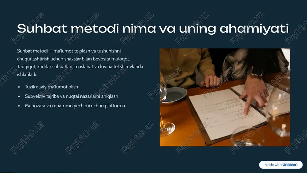 ollar tuzish yaxshi tayyorgarlik 4 samarali suhbatning asosi. reja, maqsad, ishtirokchi profili va etik ruxsatni aniqlang. maqsad va savollarni belgilash1. vaqtni va joyni rejalashtirish2. etika: rozilik va maxfiylik3. https://gamma.app/?utm_source=made-with-gamma suhbatni o'tkazish: aktiv tinglash va savollarni to'g'ri berish o'tkazish vaqtida aktiv tinglash, ochiq va yopiq savollarni muvofiq almashish, neytral va befarq bo'lmaslik muhim. ishtirokchini tinchlantirish va tushunishni tasdiqlash uchun qayta ifodalashdan foydalaning. texnika parafrazlash yakuniy ochiq savollar qo'shimcha izlanish uchun follow-up tana tili ochilgan tana tili, ko'z aloqasi va tinch ovoz ishonchni oshiradi. https://gamma.app/?utm_source=made-with-gamma suhbatga qo'yiladigan asosiy talablar: ob'ektivlik va ishonchlilik suhbat natijalari ishonchli bo'lishi uchun: metodologik aniq va izchillik, tekshiriladigan yozuvlar, tarafkashlikni minimallashtirish va maxfiylikni ta'minlash zarur. standartlashtirilgan jarayon yozuv va arxivlash etik ruxsat va roziliklar https://gamma.app/?utm_source=made-with-gamma suhbat natijalarini tahlil qilish va xulosa chiqarish transkriptlarni kodlash, mavzularni aniqlash va triangulyatsiya orqali natijalarni umumlashtiring. tahlilda aniqlik uchun misollar, iqtiboslar va statistik yoki mavzular bo'yicha saralashdan foydalaning. kodlash mavzular va kodlar yaratish …