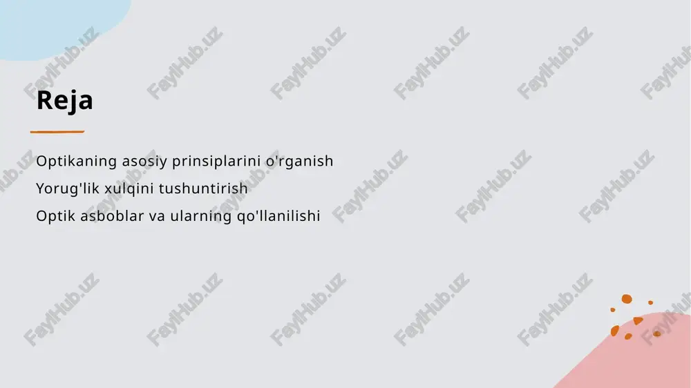 iliyatini belgilaydi. u lentaning shakli va materialiga bog'liq. 04 amaliy qo'llanilishi lentalar ko'plab optik asboblardagi muhim komponentlardir, masalan, mikroskoplar va teleskoplarda. ular ilmiy tadqiqotlar va kashfiyotlarda keng qo'llaniladi. to'lqin-zarralar dualizmi: yorug'likning ikki qirraliligi. 1 to'lqin nazariyasi to'lqin nazariyasi yorug'likning harakatini va tarqalishini ta'riflaydi, bu esa optik hodisalarning asosiy tamoyillaridan biridir. 2 zarralar nazariyasi zarralar nazariyasi yorug'likni alohida zarrachalar sifatida ko'radi, bu esa uning energiya va impulsini izohlashda muhimdir. 3 dualizm tushunchasi dualizm yorug'likning to'lqin va zarra xususiyatlarini birlashtiradi, bu esa zamonaviy fizikada ko'plab tajribalarda ko'rsatiladi. 4 tajribalar va amaliyot tajribalar, masalan, youngning ikki o'quvli tajribasi, yorug'likning dualizmiga misol bo'lib, to'lqin va zarra xususiyatlarini tasdiqlaydi. yorug'likning tabiat va xulqini tushunish asoslari. 1 yorug'likning tabiati yorug'lik, elektromagnit to'lqinlari sifatida, energiya va axborot uzatadi. u to'liq spektrda ko'rinadigan va infraqizil to'lqinlarni o'z ichiga oladi. 2 yorug'likning xulqi yorug'lik to'lqin sifatida harakat qiladi, lekin zarra sifatida ham xulq qiladi. bu ikki qirralilik, uning nazariy …