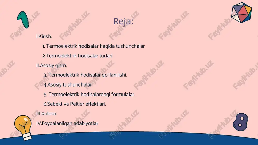 hib turadi. metal sirtiga yaqin biror elektron shu to‘qnashishlar natijasida metaldan chiqib ketishi ham mumkin. buning uchun uning energiyasi potensial to‘siq deb nomlanuvchi energiyadan yuqori bo‘lishi zarur. metalning potensial to‘siq balandligi (energiya birligida) uning chiqish ishi deb ataladi. xona haroratsida ko‘p erkin elektronlarning issiqlik xarakat energiyasi potensial to‘siqni yengib chiqish uchun yetarli bo‘lmaydi. metal o‘tkazgich chetlariga potensiallar farqini (kuchlanishni) qo‘ysak, erkin elektronlarning betartib issiqlik harakatidan tashqari, tartiblangan (bir tomonga yo‘nalgan) harakati paydo bo‘ladi, ya’ni elektr toki hosil bo‘ladi. aynan erkin elektronlarning metallardagi yuqori zichligi ularing yuqori elektrik o‘tkazuvchanligini belgilaydi. . endi yarimo‘tkazgich kristali panjarasini ko‘rib chiqamiz. yarimo‘tkazgich atomlari kovalent bog‘langan bo‘ladi. misol sifatida to‘rt valent elektronli germaniy (ge) kristalini ko‘rib chiqamiz. kovalent bog‘larning mustahkamligi tufayli germaniy kristalidagi elektronlar metalldagilarga nisbatan ancha mustahkam joylashib olgan. shuning uchun oddiy sharoitlarda erkin ya’ni yaxshi joylasha olmagan bog‘lanmagan, erkin elektronlar kam bo‘lganligi uchun ularning o‘tkazuvchanligi metalarnikidan ko‘p marta kichikdir. elektrik o‘tkazuvchanlik.ma’lumki, barcha moddalar turli …