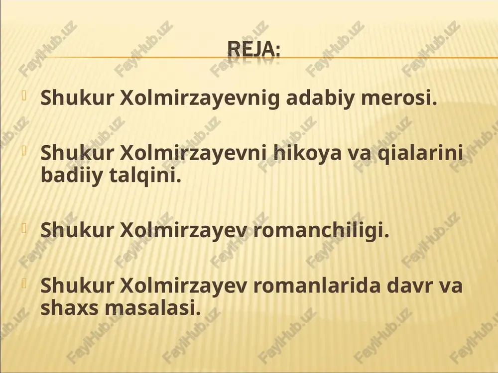 n, yozuvchi tugʻilib oʻsgan boysun tumanida yashovchi turfa tabiatli kishilar hayoti, jamiyatda va ular ruhiy olamida kechgan kurash va oʻzgarishlar oʻzining badiiy talqinini topdi. keyinchalik boysun va boysunliklar hayoti xolmirzayev ijodining asosiy mavzusi darajasiga koʻtarilib, yozuvchi ijodida realistik tasvirning ustuvor yoʻnalishga aylanishida muhim omil boʻldi. xolmirzayev voqelikdagi murakkab hayotiy jarayonlar va kishilarning ziddiyatlardan iborat ruhiy olamini kashf eta borgani sayin uning dastlabki hikoya va qissalaridagi romantik pafos endi oʻz oʻrnini realizmga boʻshatib berdi va yozuvchining oʻzbek adabiyotiga “shafqatsiz realism” unsurlarini olib kirishiga imkoniyat yaratdi. sh. xolmirzayev 80-90-yil-larda yaratgan asarlarida mazkur davrdagi jamiyat va xalq hayotining chuqur badiiy tahlilini berdi. xolmirzayev “soʻnggi bekat” (1976), “qil koʻprik” (1984), “yoʻlovchi” (1987), “olaboʻji” (1992), “dinozavr” (1-kitob, 1996) singari romanlarini yozdi. shukur xolmirzayevning “soʻnggi bekat”, “yoʻlovchi” va “olaboʻji” romanlarida shoʻro jamiyatining 70-80- yillarga kelib ichdan yemirila boshlagani yorqin badiiy obrazlar orqali aks ettirildi. bu romanlarda koʻtarilgan ijtimoiy masala yozuvchining “dinozavr” romanida oʻzining yangicha badiiy talqinini …