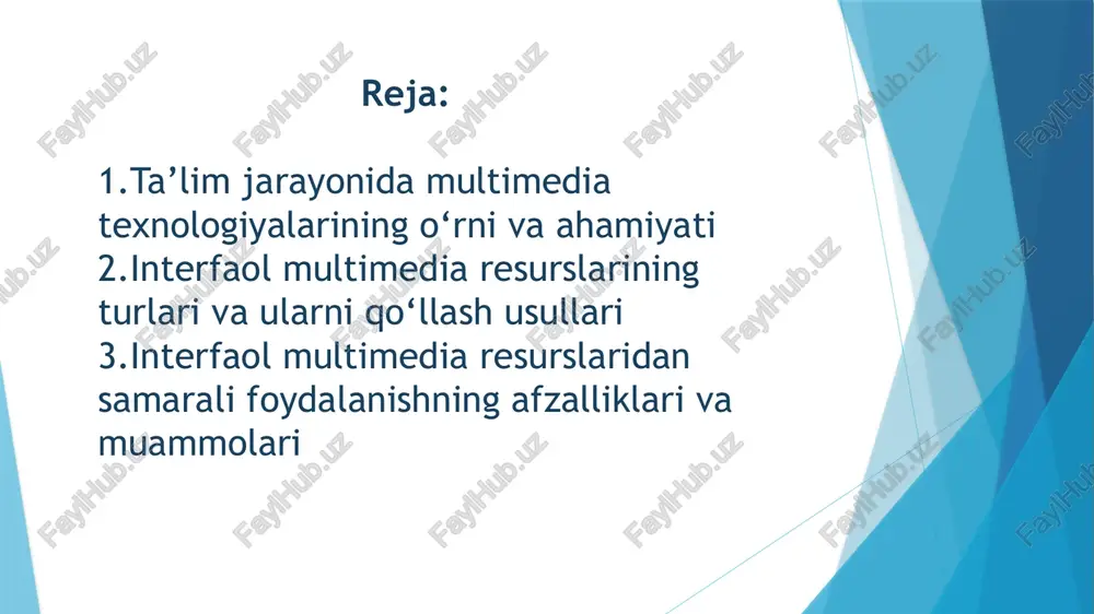 rlar orqali yaratilgan taqdimotlar dars jarayonini jonlantiradi. video, animatsiya, testlar va havolalar kiritilgan interfaol slaydlar o‘quvchilarni faol ishtirok etishga undaydi. virtual laboratoriyalar va simulyatorlar fizika, kimyo, biologiya kabi fanlarda tajribalarni real sharoitda emas, balki virtual muhitda bajarish xavfsiz, arzon va qulaydir. masalan, “phet interactive simulations” platformasi turli fanlar uchun interfaol tajribalar yaratadi. afzalliklari: o‘quvchilarni faol ishtirok etishga undaydi; tushunishni chuqurlashtiradi, vizual materiallar orqali murakkab mavzularni yengillashtiradi; individual yondashuvni ta’minlaydi – har bir o‘quvchi o‘z tezligida o‘rganadi; masofaviy ta’lim imkoniyatlarini kengaytiradi; tahliliy va ijodiy fikrlash ko‘nikmalarini rivojlantiradi. xulosa xulosa qilib aytganda, interfaol multimedia resurslari zamonaviy ta’limning ajralmas qismi bo‘lib, ular o‘quv jarayonini samarali, qiziqarli va interfaol shaklda tashkil etish imkonini beradi. to‘g‘ri qo‘llangan multimedia vositalari o‘quvchining bilim olish faoliyatini faollashtiradi, tahliliy fikrlash, ijodkorlik va mustaqil o‘rganish ko‘nikmalarini shakllantiradi. kelajakda raqamli ta’lim tizimi aynan interfaol multimedia resurslariga tayangan holda rivojlanadi. shuning uchun o‘qituvchilar multimedia texnologiyalaridan oqilona foydalanish ko‘nikmalarini egallashlari muhimdir. foydalanilgan adabiyotlar: …