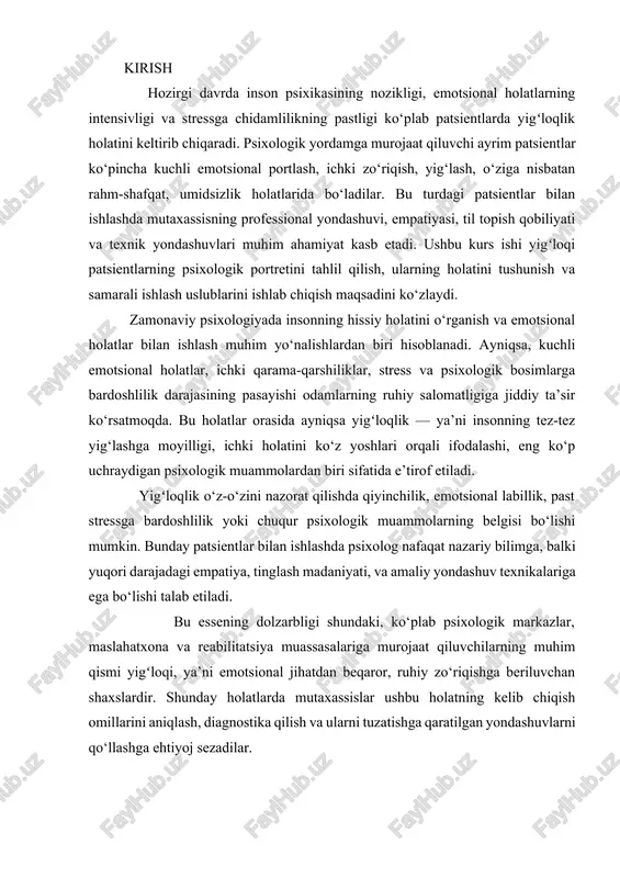 b chiqish omillarini aniqlash, diagnostika qilish va ularni tuzatishga qaratilgan yondashuvlarni qo‘llashga ehtiyoj sezadilar. mazkur esse doirasida yigʻloqi patsientlar bilan ishlashning nazariy asoslari, psixologik portreti, asosiy sabablari, amaliy metodlari va yondashuvlari tahlil qilinadi. shuningdek, psixoterapevtik yondashuvlarning (gumanistik, kognitiv-bexevioral, emotsional-fokuslangan) bu turdagi patsientlarga qanday ta’sir ko‘rsatishi, qanday mashqlar, treninglar, muloqot usullari samarali ekanligi ko‘rib chiqiladi. essening maqsadi – yigʻloqi patsientlar bilan samarali ishlashga qaratilgan nazariy bilimlar va amaliy ko‘nikmalarni shakllantirish, bu muammoga chuqur yondashish va individual ishlash metodlarini aniqlashdan iborat. asosiy qism 1. yigʻloqi patsientlarning psixologik portreti yigʻloqi patsientlar — bu ichki emotsional taranglikni yig‘lash orqali ifodalaydigan, sezuvchan, odatda, o‘z holatini og‘ir deb his qiluvchi va kuchli hissiy reaktsiyalarga moyil insonlardir. asosiy belgilar: • emotsional labillik (tezda kayfiyat o‘zgarishi) • past stressga bardoshlilik • ko‘proq ichki hissiyotlar bilan yashash • emotsiyalarni og‘zaki emas, jismoniy tarzda (yig‘lab) ifoda etish yigʻloqlik sabablari: • bolalikdagi psixologik travmalar • oilaviy ziddiyatlar, beqaror muhit • depressiv …