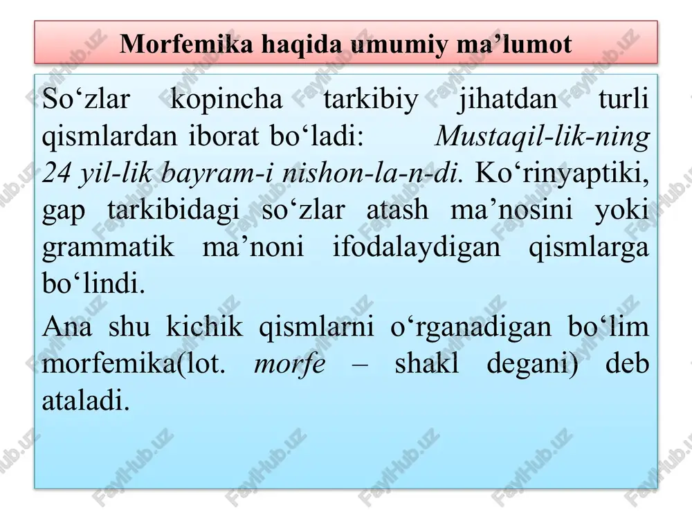 gan, bog‘liq holda, asoska qo‘shilib keladigan, asosning leksik-grammatik xususiyatlari bilan bog‘liq bo‘lgan har xil ma’nolarni ifodalashga xizmat qiladigan morfemadir. mustaqil qo‘llanmaydi. 2. asos ifodalaydigan tub leksik ma’noga yangi leksik belgi qo‘shishi mumkin: ishchi 3. asos ifodalagan ma’noga qo‘shimcha grammatik ma’no qo‘shishi mumkin: ishga. affiks morfemaning ma’no va vazifalari jihatdan turlari so‘z yasovchi qo‘shimchalar asosga qo‘shilib, yangi ma'noli so‘z hosil qiladigan qo‘shimchalardir: o‘t - o‘tloq, arra - arrala, kuch - kuchli, hosil -serhosil. bular ot, sifat, fe’l va favish turkumida uchraydi. misollar: so‘z yasovchi affikslarning so‘z yasash darajasiga ko‘ra turlari 1. juda ko‘p yangi so‘z yasashga xizmat qiluvchi affikslar unumli affiks deyiladi: jang-chi, bo‘yoq-chi; aql-li, bola-li, g‘ayrat-li, yeyish-li; tuz-la, oq-la, joy-la; bo‘l-ma, mosla-ma, qatla-ma, bola-lik, yosh-lik, tinch-lik, do‘st-lik kabi. 2. kamroq so‘z yasash uchun xizmat qiluvchi affikslar kamunum affiks deyiladi: taro-q, tirno-q; tosh-qin, yon-g‘in, qir-g‘in; mehnat-kash, chizma-kash; ek-in, yig‘-in, tug-un. 3. hozirgi o‘zbek tilida yangi so‘z yasash xususiyatini yo‘qotgan affikslar unumsiz …