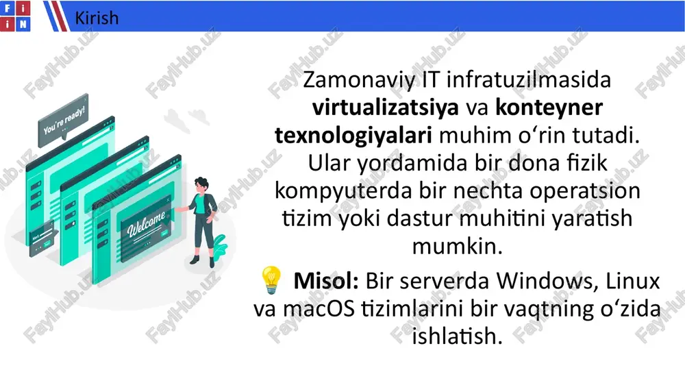 orkstation, virtualbox). 💡 misol: vmware workstation — windows ustida linux virtual mashinasini ishga tushirish uchun ishlatiladi. hypervisor tushunchasi 8 virtual mashina — bu sun’iy kompyuter, u o‘zining operatsion tizimiga ega va mustaqil ishlaydi. vm apparat resurslarini umumiy bazadan oladi, lekin boshqa vm’lardan izolyatsiyalangan. 💡 misol: sizning kompyuteringizda ubuntu va windows 11 bir vaqtning o‘zida ishlashi mumkin. virtual mashina (vm) nima? 9 vmware haqida umumiy ma’lumot vmware — 1998-yilda tashkil etilgan amerika kompaniyasi. virtualizatsiya sohasida yetakchi hisoblanadi. asosiy mahsulotlari: vmware workstation (desktop uchun) vmware esxi (server uchun) vmware vsphere (bulut infratuzilmasi uchun) 10 vmware ishlash prinsipi hypervisor (masalan, esxi) o‘rnatiladi. u fizik resurslarni bo‘lib beradi. har bir foydalanuvchi uchun alohida vm yaratiladi. vm’lar orasida to‘liq izolyatsiya saqlanadi. 💡 misol: bir universitet serverida 10 ta vm o‘rnatilib, har biri alohida guruhga amaliy mashg‘ulot muhiti sifatida berilishi mumkin. 11 vmware afzalliklari resurslardan to‘liq foydalanish tizim xavfsizligi yuqori snapshot yordamida orqaga qaytish imkoniyati bir …