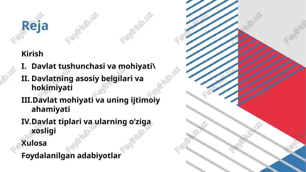 a ega bo'lib, jamiyatdagi ziddiyatlarni bartaraf etadi. davlatning asosiy belgilari va hokimiyati davlatning asosiy belgilari: hudud, aholisi, suvereniteti davlatning asosiy belgilari uning mavjudligini va mustaqilligini belgilovchi fundamental xususiyatlardir. birinchisi – hudud. hudud davlatning fizik va iqtisodiy asosini tashkil etadi, chunki u resurslar, infratuzilma va aholining yashash joyini o'z ichiga oladi. davlat hokimiyati – ijtimoiy hokimiyatning muhim shakli sifatida davlat hokimiyati ijtimoiy hokimiyatning eng yuqori va tizimli shakli bo'lib, jamiyatdagi munosabatlarning boshqaruvini ta'minlaydi. ijtimoiy hokimiyat odatda oila, jamoa yoki ijtimoiy guruhlar darajasida namoyon bo'lsa, davlat hokimiyati umumiy va majburiy xarakterga ega. davlat mohiyati va uning ijtimoiy ahamiyati davlat mohiyatiga doir nazariy qarashlar davlatning jamiyatdagi boshqaruv funksiyasi davlatning huquqiy va siyosiy tizimdagi o'rni davlatning mohiyati haqidagi nazariy qarashlar insoniyat tarixida uzoq vaqtdan beri muhokama qilinib kelinmoqda. bu masalada turli falsafiy maktablar va siyosiy oqimlar o'z nuqtai nazarlarini ilgari surganlar. davlat jamiyatdagi boshqaruv funksiyasini amalga oshirish orqali tartib-intizom va barqarorlikni ta'minlaydi davlat huquqiy …