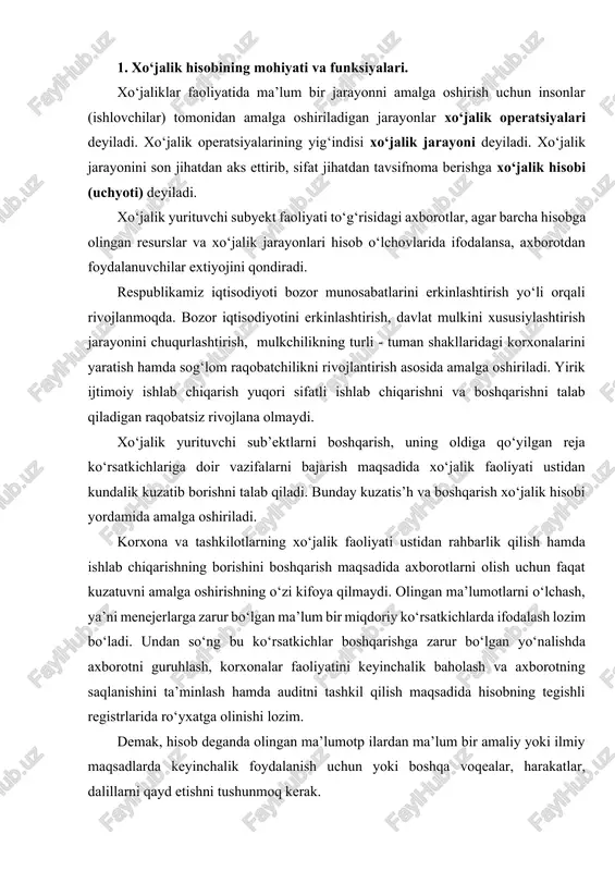 boshqarishga zarur bo‘lgan yo‘nalishda axborotni guruhlash, korxonalar faoliyatini keyinchalik baholash va axborotning saqlanishini ta’minlash hamda auditni tashkil qilish maqsadida hisobning tegishli registrlarida ro‘yxatga olinishi lozim. demak, hisob deganda olingan ma’lumotp ilardan ma’lum bir amaliy yoki ilmiy maqsadlarda keyinchalik foydalanish uchun yoki boshqa voqealar, harakatlar, dalillarni qayd etishni tushunmoq kerak. xo‘jalik hisobi deb xo‘jalik faoliyatining rivojlanish istiqbollarini aniqlash, uni boshqarish va nazorat qilish maqsadida shu jarayonni miqdoriy (qiymat, mehnat) aks ettirish va sifat jihatidan tavsiflashga aytiladi. bozor iqtisodiyotidagi xo‘jalik hisobining maqsadi foydaning shakllanish jarayoni ustidan kuzatish hisoblanib, uning yordamida tadbirkorlar ishlab chiqarish hajmini oshirish, mahsulot (ish, xizmat)lar sifatini yaxshilash hamda yaratilgan mahsulot tannarxini kamaytirish imkoniyatiga ega bo‘ladilar. bozor iqtisodiyoti sharoitida ishlab chiqarish vositalarining katta qismiga ega bo‘lgan tadbirkorlarning manfaatiga rioya qilinadi. xo‘jalik hisobidan ham xuddi shu yo‘nalishda foydalaniladi. uning yordamida tadbirkorlar ishlab chiqarish samaradorligini oshirishning yangidan - yangi vositalarini topib, amalga oshirilayotgan faoliyatdan eng yuqori yutuqlarga ega bo‘ladilar va ularni olish …