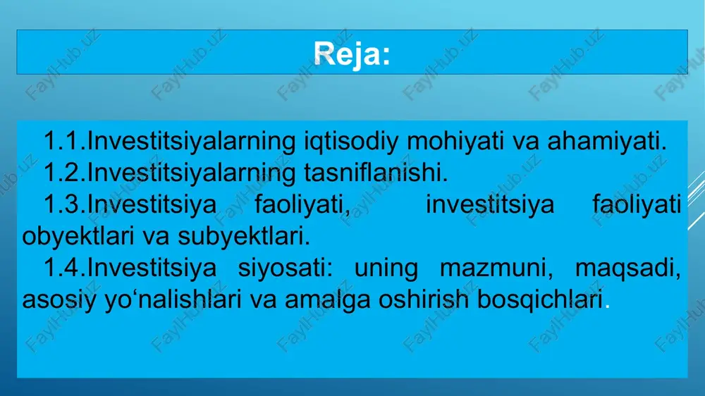kunga qoldirilgan narsa. uning bir qismi hozirda ishlatilmasdan zaxiraga qoldiriladigan iste‘mol buyumlari bo‘lib, boshqa qismi esa bu ishlab chiqarishni kengaytirishga yo‘naltirilgan resurslardir» professor a.neshitoy «investitsiya – bu foyda olish yoki boshqa samaralarga erishish maqsadida o‘z yoki o‘zga mamlakatning turli tarmoqlariga, tadbirkorlik loyihalari, ijtimoiy-iqtisodiy dasturlar hamda innovatsiya loyihalarini amalga oshirishga yo‘naltirilgan pul mablag‘larini (kapitalni) uzoq muddatga joylashtirishdir» dj. m. keyns investitsiyalarni quyidagicha ta’riflaydi: “belgilangn davrdagi ishlab chiqarish faoliyati natijasida kapital qiymatining joriy o‘sishi, belgilangan davrdagi daromadning iste’mol uchun ishlatilmagan qismi”. bu yerda investitsiyadan ko‘ra jamg‘arish haqida ko‘proq fikr bildirilmoqda. zero, iste’mol uchun ishlatilmagan daromadning bir qismi jamg‘armadir, jamg‘arma esa har doim ham investitsiya bo‘lavermaydi. jamg‘armani investitsiyaga aylantirish uchun, pul mablag‘larini biror tadbirkorlik faoliyatiga yo‘naltirish kerak, natijada esa bu mablag‘ o‘z egasiga daromad keltirishi kerak. shved iqtisodchi-olimi k.eklund fikricha: «investitsiya – bu kelajakda ko‘proq iste‘mol qilish sharoitiga ega bo‘lish uchun ertangi kunga qoldirilgan narsa. uning bir qismi hozirda ishlatilmasdan zaxiraga qoldiriladigan iste‘mol …