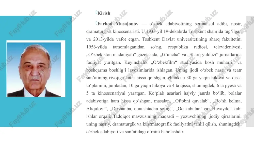 gan edi. musajonovning oilasi intellektual muhitda yashagan bo‘lib, otasi va onasi o‘qituvchilik va madaniy faoliyat bilan shug‘ullanganlar. bu sharoit bolalik davridan adabiyot va san’atga qiziqishni shakllantirishga zamin yaratgan. yoshligida u kitobxonlik va she’riyatga e’tibor qaratgan, mahallaviy adabiy muhitda o‘zini namoyon etishga harakat qilgan.ta’lim masalasiga kelganda, farhod musajonov o‘rta maktab yillarini toshkentdagi nufuzli ta’lim muassasalarida o‘targan. u o‘qishga beqiyos munosabatda bo‘lib, adabiyot va tilshunoslikka alohida e’tibor bergan. 1951-yilda u toshkent davlat universitetining sharq filologiyasi fakultetiga kirgan. bu fakultet o‘zbek adabiyoti va sharq tillarining chuqur o‘rganilishiga mo‘ljallangan bo‘lib, musajonovning ijodiy rivojlanishida muhim rol o‘ynagan. matbuot va adabiy jurnallardagi faoliyati (“g‘uncha”, “sharq yulduzi”) farhod musajonovning matbuot sohasidagi faoliyati uning ijodiy rivojlanishida alohida sahifa bo‘lib, adabiyot va jamoatchilik o‘rtasidagi ko‘prik vazifasini o‘tagan. universitetni tamomlaganidan so‘ng, u 1956–1960-yillarda respublika radiosi va televideniyesida xodim bo‘lib ishlagan. bu yerda u dasturlar muallifi va tahrirchisi sifatida faoliyat yuritgan, adabiyot va madaniyat mavzularidagi materiallarni tayyorlagan. radio va tv orqali …