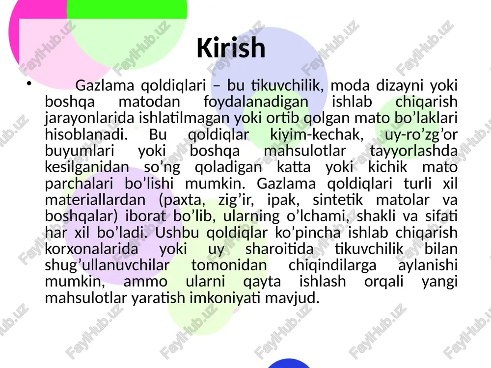 larga ajratish mumkin. tabiiy gazlamalar o'simlik yoki hayvoniy manbalardan olinadi, sintetiklar esa kimyoviy jarayonlar orqali yaratiladi. har bir turdagi gazlamaning qoldiqlari o'ziga xos xususiyatlarga ega bo'lib, ularni qayta ishlashda hisobga olish zarur.tabiiy gazlamalardan boshlaydigan bo'lsak, paxta gazlamasi eng keng tarqalgan tur hisoblanadi. paxta gazlamasi yumshoq, nafas oluvchan va namlikni yaxshi singdiruvchan xususiyatlarga ega. uning qoldiqlari odatda mayda parchalar shaklida bo'ladi va ularni qayta ishlash oson, chunki paxta tabiiy ravishda parchalanuvchan. gazlama qoldiqlarini saralash va qayta ishlash usullari gazlama qoldiqlarini saralash va qayta ishlash – bu chiqindilarni samarali boshqarishning asosiy bosqichlari. saralash jarayoni qoldiqlarni tarkib, rang va holatiga qarab ajratishni o'z ichiga oladi. qayta ishlash esa mexanik, kimyoviy va biologik usullarda amalga oshiriladi.saralash usullari ikki turga bo'linadi: qo'lda va avtomatlashtirilgan. qo'lda saralashda ishchilar qoldiqlarni ko'z bilan ajratadi, masalan, paxtani sintetikdan. bu usul arzon, ammo vaqt talab etadi. avtomatlashtirilgan saralashda maxsus mashinalar, masalan, tomra tizimi ishlatiladi, u rang va material bo'yicha ajratadi, …
