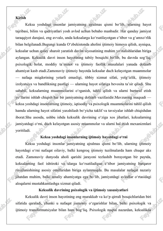 g barqaror rivojlanishining asosiy omillaridan biriga aylanmoqda. bu masalalar nafaqat nazariy jihatdan muhim, balki amaliy ahamiyatga ega bo‘lib, jamiyatdagi avlodlar o‘rtasidagi aloqalarni mustahkamlashga xizmat qiladi. keksalik davrining psixologik va ijtimoiy xususiyatlari keksalik davri inson hayotining eng murakkab va ko‘p qirrali bosqichlaridan biri sifatida qaraladi, chunki u nafaqat jismoniy o‘zgarishlar bilan, balki psixologik va ijtimoiy transformatsiyalar bilan ham bog‘liq. psixologik nuqtai nazardan, keksalikda insonning o‘z-o‘zini idrok etishi tubdan o‘zgaradi. yoshlik va o‘rta yoshdagi faollikdan farqli o‘laroq, keksalar ko‘pincha o‘tmishdagi tajribalarni qayta ko‘rib chiqish, hayotiy maqsadlarni qayta baholash va o‘zining jamiyatdagi o‘rnini qayta aniqlash jarayonidan o‘tadi. masalan, erik eriksonning psixososyal rivojlanish nazariyasiga ko‘ra, keksalik davri "integratsiya va izchillik" bosqichiga to‘g‘ri keladi, bunda inson hayotining ma’nosi va maqsadini topishga intiladi. agar bu bosqich muvaffaqiyatli o‘tib ketmasa, izchillik o‘rniga umidsizlik va iztirob hislari paydo bo‘ladi. tadqiqotlar shuni ko‘rsatadiki, keksalarning 60-70 foizi hayotiy tajribalarini ijobiy baholab, ruhiy barqarorlikka erishadi, ammo qolgan qismi depressiya va yolg‘izlikdan …