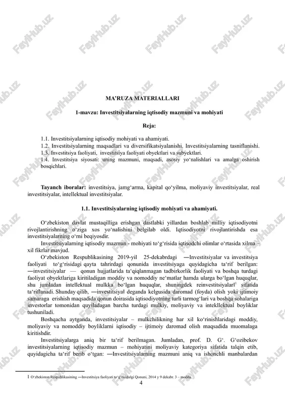 har xil ko‘rinishlaridagi moddiy, moliyaviy va nomoddiy boyliklarni iqtisodiy – ijtimoiy daromad olish maqsadida muomalaga kiritishdir. investitsiyalarga aniq bir ta‘rif berilmagan. jumladan, prof. d. g‘. g‘ozibekov investitsiyalarning iqtisodiy mazmun – mohiyatini moliyaviy kategoriya sifatida talqin etib, quyidagicha ta‘rif berib o‘tgan: ―investitsiyalarning mazmuni aniq va ishonchli manbalardan mablag‘lar olish, ularni asosli holda safarbar etish, rikslar darajasini hisobga olgan holda kapital qiymatini saqlash va ko‘zlangan samarani olishdan iborat bo‘ladi‖. [footnoteref:2] [2: g‘ozibekov d.g‘. investitsiyalarni moliyalashtirish masalalari. t.: ―moliya‖ nashriyoti. 2003. 26 bet. ] prof. n.h. haydarov investitsiyalar mazmun – mohiyatiga quyidagi ta‘rifni beradi: ―investitsiya – bu mulk shaklidan qat‘iy nazar, tadbirkorlik asosida faoliyat ko‘rsatayotgan jismoniy va yuridik shaxslar yoki davlatning iqtisodiy va ijtimoiy samara olish maqsadida o‘z boyliklarini qonun doirasida bo‘lgan har qanday tadbirkorlik obyektiga sarflashidir‖.[footnoteref:3] [3: haydarov n.h. iqtisodiyotni erkinlashtirish sharoitida korxonalar investitsion faoliyatidagi moliya-soliq munosabatlarini takomillashtirish masalalari. i.f.d ilmiy darajasini olish uchun yozilgan dissertatsiya. t.: 2003. 29 b. ] mahalliy …