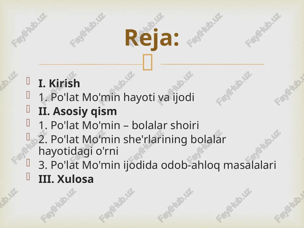 ydi" (1975), "oq fil yoʻqoldi" (1983), "tuyakush-boyaqish" (1987) pyesalari respublika teatrlarida sahnalashtirilgan. a.s. pushkin, v. v. mayakovskiy, s. marshak, s. mixalkov, a. barto va boshqa rus yozuvchilarining bolalarga bagʻishlangan asarlarini oʻzbek tiliga tarjima qilgan. "el-yurt hurmati" ordeni bilan mukofotlangan (1998)  po'lat mo'min 1945-1946 yillarda kinoaktyorlar maktabida dars berdi. 1946-1951 yillarda “lenin uchquni” gazetasida san'at va adabiyot bo'limining boshlig'i bo'lib ishladi.  po'lat mo'min shoir sifatida asosan urushning so'nggi yillarida tanildi. u pionerlar gazetasida ishlar ekan, o'z o'quvchilarining seminarlariga faol qatnashdi.1940 yillarda she'r yozishni mashq qilgan bo'lsada, asosan 1944 yildan boshlab matbuotda ko'rina boshladi.  1949 yilda uning bolalar uchun “sayrang qushlar” nomli to'plami, undan so'ng “tosh kuylari” (1951), “oltin boshoqlar” (1951), “bo'l tayyor” (1953), “tish cho'tka, poroshok va atir sovun haqida ertak” (1954), “do'stlarga” (rustilida), “oftobchiqdi olamga” kabi to'plamlari nashr etildi.  1954 yildapo'lat mo'minning “orinbosarlar” poemasi nashr etildi. poema kasb tanlash, hunar maktablari o'quvchilarining hayoti, o'qishi, mexnati, o'z …