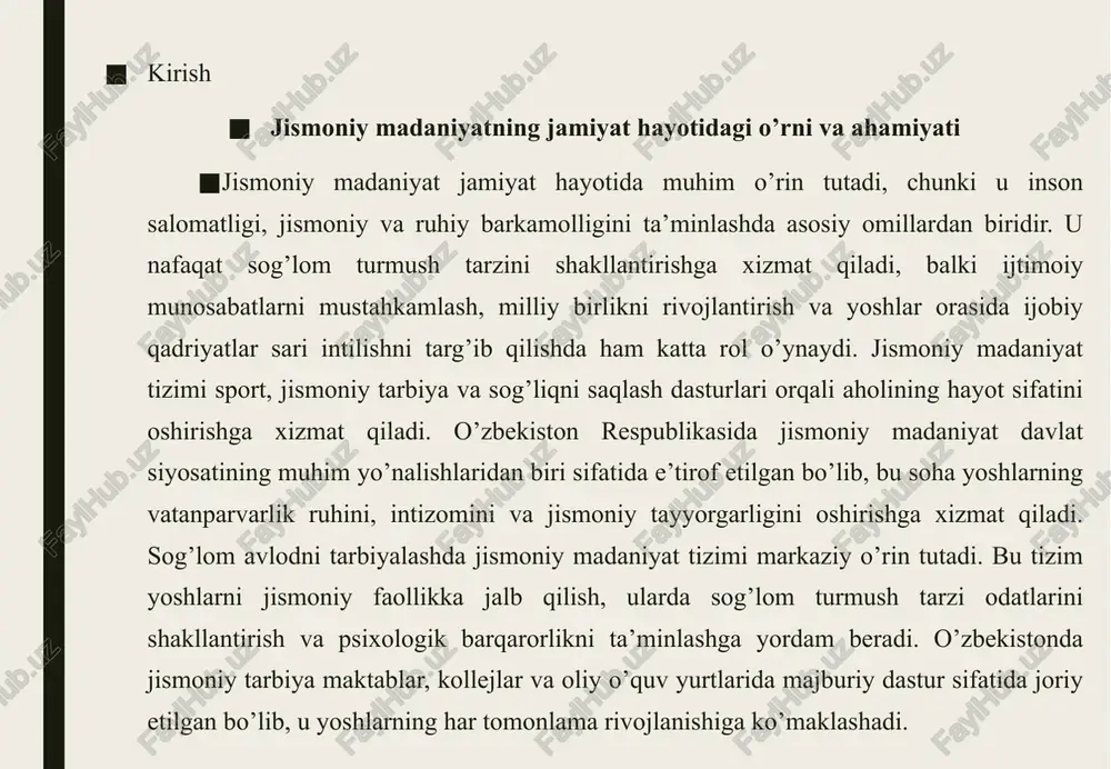 t tizimi aholining jismoniy salomatligini mustahkamlashga, kasbiy faoliyatga tayyorlashga va ijtimoiy munosabatlarni yaxshilashga qaratilgan.ushbu tushunchaning mazmuni keng qamrovli: u jismoniy tarbiyani, sportni va ommaviy sog’lomlashtirish tadbirlarini o’z ichiga oladi. masalan, jismoniy madaniyat orqali bolalar va yoshlarning jismoniy rivojlanishi ta’minlanadi, bu esa ularning o’quv jarayonidagi muvaffaqiyatiga ijobiy ta’sir ko’rsatadi. tizimning asosiy komponentlari quyidagilardan iborat: jismoniy mashqlar, sport musobaqalari, sog’lom ovqatlanish va dam olish qoidalari. mustaqillik davrida jismoniy madaniyat tizimini rivojlantirishga doir davlat siyosati mustaqillik yillarida mamlakatimizda jismoniy madaniyat tizimini rivojlantirish davlat siyosatining ustuvor yo’nalishlaridan biriga aylandi. bu davrda qabul qilingan qonunlar va farmonlar orqali soha yangi bosqichga ko’tarildi. masalan, 1992-yilda «jismoniy tarbiya va sport to’g’risida»gi qonun qabul qilindi, u tizimning huquqiy asoslarini belgilab berdi. ushbu qonun aholining jismoniy faolligini oshirish, sport infratuzilmasini yaxshilash va milliy sport turlarini rivojlantirishni nazarda tutadi.davlat siyosati aholining sog’lom turmush tarzini shakllantirishga qaratilgan. 2017-2020 yillarda yangi me’yoriy-huquqiy hujjatlar qabul qilindi, jumladan, «o’zbekiston respublikasida jismoniy tarbiya va sportni …