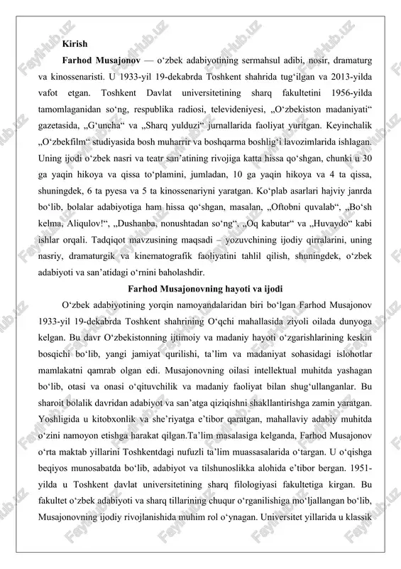 qishni shakllantirishga zamin yaratgan. yoshligida u kitobxonlik va she’riyatga e’tibor qaratgan, mahallaviy adabiy muhitda o‘zini namoyon etishga harakat qilgan.ta’lim masalasiga kelganda, farhod musajonov o‘rta maktab yillarini toshkentdagi nufuzli ta’lim muassasalarida o‘targan. u o‘qishga beqiyos munosabatda bo‘lib, adabiyot va tilshunoslikka alohida e’tibor bergan. 1951-yilda u toshkent davlat universitetining sharq filologiyasi fakultetiga kirgan. bu fakultet o‘zbek adabiyoti va sharq tillarining chuqur o‘rganilishiga mo‘ljallangan bo‘lib, musajonovning ijodiy rivojlanishida muhim rol o‘ynagan. universitet yillarida u klassik o‘zbek adabiyoti va jahon adabiyoti bilan yaqindan tanishgan, bu uning keyingi nasriy asarlariga ta’sir ko‘rsatgan. 1956-yilda fakultetni tamomlaganidan so‘ng, u o‘zini adabiyot sohasida sinab ko‘rishga kirishgan.dastlabki ijodiy faoliyati 1950-yillarning oxirlariga to‘g‘ri keladi. bu vaqtda musajonov yosh yozuvchilar orasida o‘z o‘rnini topishga intilgan. uning birinchi chop etilgan hikoyasi “daradagi qishloqda” 1959-yilda nashrga chiqqan. bu asar qishloq hayotining oddiy, ammo chuqur ma’noli tomonlarini yoritgan bo‘lib, yosh muallifning realistik uslubini namoyon etgan. hikoyada qishloq aholisining kundalik mehnati, oilaviy munosabatlar va tabiat …