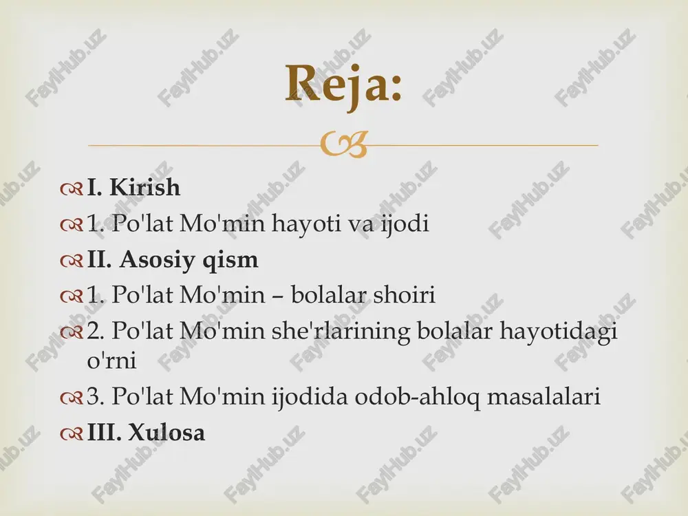 hr etilgan. https://uz.wikipedia.org/wiki/yaxshilarga_o%ca%bbxshasam https://uz.wikipedia.org/wiki/yaxshilarga_o%ca%bbxshasam https://uz.wikipedia.org/wiki/yaxshilarga_o%ca%bbxshasam https://uz.wikipedia.org/wiki/yaxshilarga_o%ca%bbxshasam https://uz.wikipedia.org/wiki/yaxshilarga_o%ca%bbxshasam   poʻlat moʻmin mumtoz oʻzbek adabiyoti anʼanalarini davom ettirib, gʻazal, tuyuq, fard janrlarida ham koʻplab asarlar yaratgan. uning 500 dan ziyod qoʻshiqlari gʻazal janrida yozilgan. poʻlat moʻminning bolalar hayotidan olingan "qovoqvoy bilan chanoqvoy", "suqatoy va konfetvoy" (1970), "bahodirning botirligi" (1972), "ona bolam deydi, bola onam deydi" (1975), "oq fil yoʻqoldi" (1983), "tuyakush- boyaqish" (1987) pyesalari respublika teatrlarida sahnalashtirilgan. a.s. pushkin, v. v. mayakovskiy, s. marshak, s. mixalkov, a. barto va boshqa rus yozuvchilarining bolalarga bagʻishlangan asarlarini oʻzbek tiliga tarjima qilgan. "el-yurt hurmati" ordeni bilan mukofotlangan (1998) https://uz.wikipedia.org/wiki/aleksandr_pushkin https://uz.wikipedia.org/wiki/aleksandr_pushkin https://uz.wikipedia.org/wiki/aleksandr_pushkin https://uz.wikipedia.org/wiki/aleksandr_pushkin https://uz.wikipedia.org/wiki/aleksandr_pushkin https://uz.wikipedia.org/wiki/aleksandr_pushkin https://uz.wikipedia.org/wiki/vladimir_mayakovskiy https://uz.wikipedia.org/wiki/vladimir_mayakovskiy https://uz.wikipedia.org/wiki/vladimir_mayakovskiy https://uz.wikipedia.org/wiki/vladimir_mayakovskiy https://uz.wikipedia.org/wiki/vladimir_mayakovskiy https://uz.wikipedia.org/wiki/vladimir_mayakovskiy https://uz.wikipedia.org/wiki/vladimir_mayakovskiy https://uz.wikipedia.org/wiki/marshak_samuil_yakovlevich https://uz.wikipedia.org/wiki/marshak_samuil_yakovlevich https://uz.wikipedia.org/wiki/marshak_samuil_yakovlevich https://uz.wikipedia.org/wiki/marshak_samuil_yakovlevich https://uz.wikipedia.org/wiki/sergey_mixalkov https://uz.wikipedia.org/wiki/sergey_mixalkov https://uz.wikipedia.org/wiki/sergey_mixalkov https