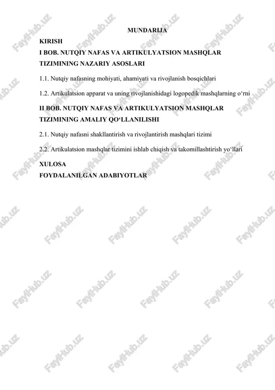 rish mumkin. artikulatsion mashqlar esa artikulyatsion apparat — til, lablar, jag‘, yumshoq tanglay va ovoz qutisi elementlari —ning koordinatsiyasini rivojlantirishga qaratilgan. ushbu mashqlar artikulyatsion harakatlarning aniqligi, tezligi va muvofiqligini oshirish, turli tovushlarning shakllanishiga xizmat qiladi. artikulatsion mashqlarning mazmuni va bajarilish ketma-ketligi yosh, nutq buzilishi turi va og‘irligiga qarab farqlanadi; ular oddiy artikulyatsion gimnastikadan tortib tovushlarni izolyatsiyalab mashq qilish va ularni so‘z va gap ichida avtomatizatsiyalash jarayonlariga qadar bo‘lgan bosqichlarni o‘z ichiga oladi. logopedik mashqlar tizimining samarali bo‘lishi uchun bir qator metodik tamoyillarni inobatga olish zarur: komplekslik (nafas, fonatsiya, artikulyatsiyani birgalikda rivojlantirish), bosqichlilik (oddiydan murakkabgacha), individual yondashuv (bola xususiyatlari va diagnostika natijalari asosida), o‘yin va faoliyatga yo‘naltirish (mashqlarni qiziqarli qilish) hamda ota-ona va muhit bilan integratsiya (uy sharoitida kuzatish va davom ettirish). shu tamoyillar asosida tuzilgan mashqlar tizimi nafaqat nutqdagi aniq nuqsonlarni bartaraf etadi, balki bolaning umumiy nutq faoliyatini, kommunikativ qobiliyatlarini va ijtimoiy moslashuvini ham yaxshilaydi. kurs ishida nutqiy nafas va …