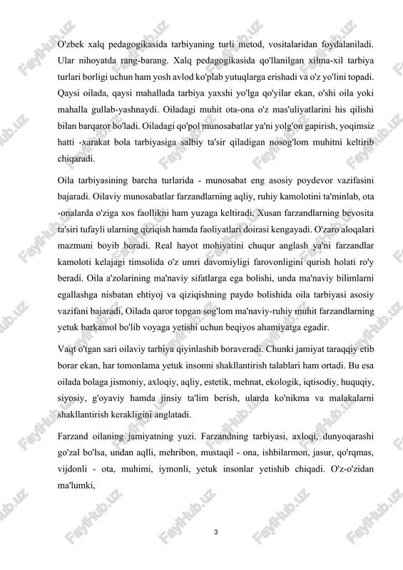 yatning yuzi. farzandning tarbiyasi, axloqi, dunyoqarashi go'zal bo'lsa, undan aqlli, mehribon, mustaqil - ona, ishbilarmon, jasur, qo'rqmas, vijdonli - ota, muhimi, iymonli, yetuk insonlar yetishib chiqadi. o'z-o'zidan ma'lumki, bunday insonlar ma'naviyatli, madaniyatli jamiyatini yuzaga keltiradi va barchaga o'rnak bo'ladi. shunday ekan, farzand ota-onaning biznes loyihasi bolishi kerak emas. farzand bu dunyoga umidlarimiz ushalishini ta'minlash va bizning qoidalarimiz boyicha yashash uchun kelmaydi. uning ham hayotda o'zining vazifalari bo'ladi. shu ma'noda, farzand - bu bizning faqatgina davomchimiz emas, balki mustaqil shaxs hamdir. bolaga alohida shaxs sifatida qarab, unga ishonch bildirish, mustaqil qo'yish mihimdir. farzand uchun ota-onalar hamma narsani hal qilsalar, albatta, zo'r amalga oshadi.shuning uchun ham ota-onalar bolaning yo'lida uchragan hamma qiyinchiliklarni o'zlari hal qiladilar, lekin bolaga har doim ham tez yordam berish uchun bu bola doimo ularning yonida bo'lishi kerak bo'ladi. qiyinchiliklarsiz yashash evaziga bola o'z ozodligi va mustaqilligi bilan to'lashiga to'gri keladi. lekin u bolani qo'rqitmaydi. kun kelib, ota-ona hayotdan …
