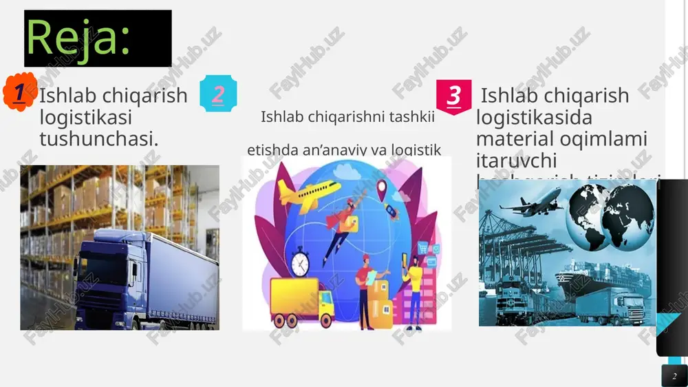 gi jarayonlami uyg'unlashuvini ta’minlashga qaratilgan bo‘lsa, makrologistika ishlab chiqarishni tashqi muhit ta’siriga (tovarlar miqdori va assortimentiga bo'lgan talablarni o‘zgarish va hokazo.) moslashuvini ta’minlash uchun xizmat qiladi. 6 ishlab chiqarishni tashkil etishda an’anaviy va logistik tamoyillar. ishlab chiqarishni tashkil etishning asosiy maqsadi korxonani belgilangan nomenklatura bo‘yicha mahsulot ishlab chiqarishini ta’minlashdir. 7 ishlab chiqarishni tashkil etishning logistik tamoyillari quyidagilami o ‘z ichiga oladi: - ortiqcha zaxiralardan voz kechish; - asosiy va transport-ombor operatsiyalarini bajarishning vaqtidan voz kechish; - buyurtma bommagan ko‘plab ishlab chiqariladigan detallardan voz kechish; - asboblarni to‘xtab qolishini bartaraf eitsh; - brak mahsulot ishlab chiqarishni tugatish; - korxona ichidagi ortiqcha tashishlarni kamaytirish. ishlab chiqarishni an’anaviy usulda boshqarish quyidagicha amalga oshiriladi - asbob-uskunalarni ishini to‘xtatmay ulardan foydalanish koeffitsiyentini yuqori darajada ushlab turish; - ishlab chiqarilayotgan mahsulotlarning miqdorini oshirib borish; - har ehtimolga qarshi material resurslar zaxirasini katta miqdorda saqlash va boshqalar. 8 8 ishlab chiqarish tizimlarining miqdoriy va sifat egiluvchanligi 9 …
