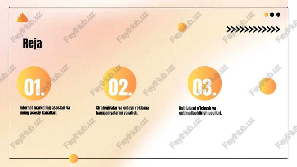 ail marketing bilan targeting qilish mumkin. strategiyalarni amalga oshirish reklama strategiyalarini ishlab chiqish: maqsadlarni belgilash, auditoriya tahlili, kanallarni tanlash, kontent yaratish, platforma joylashtirish va monitoring vositalari. bu bosqichlar muvaffaqiyatga erishishda muhim. kampaniyani amalga oshirish va monitoring qilish uchun roi, kliklar, ko‘rinishlar, konversiyalar kabi o‘lchovlarni kuzatish. a/b testlar, kontentni yangilash va reklama joylashuvini sozlash orqali optimallashtirish. muvaffaqiyatli onlayn reklama kampaniyalari misollari: google ads va facebook reklamalari yordamida maqsadli auditoriyaga erishish va savdoni oshirish, yirik brendlar va kichik bizneslar uchun amaliy tajribalar. natijalarni o'lchash usullari internet marketingda natijalarni o'lchashning ahamiyati natijalarni o'lchash marketing strategiyalarining samaradorligini baholash uchun muhimdir. kpi yordamida kampaniyaning maqsadga muvofiqligini aniqlash mumkin. o'lchash usullari va tahlil roi, trafik statistikasi va konversiya ko'rsatkichlari keng qo'llaniladi. google analytics yoki semrush yordamida ma'lumotlar tahlil qilinadi va strategiyalar takomillashtiriladi. natijalarni optimallashtirish usullari natijalarni optimallashtirishning maqsadi va ahamiyati natijalarni optimallashtirish maqsadi kampaniyalarning samaradorligini oshirish va roini yaxshilashdir. bu uchun doimiy test va tahlil zarur. …