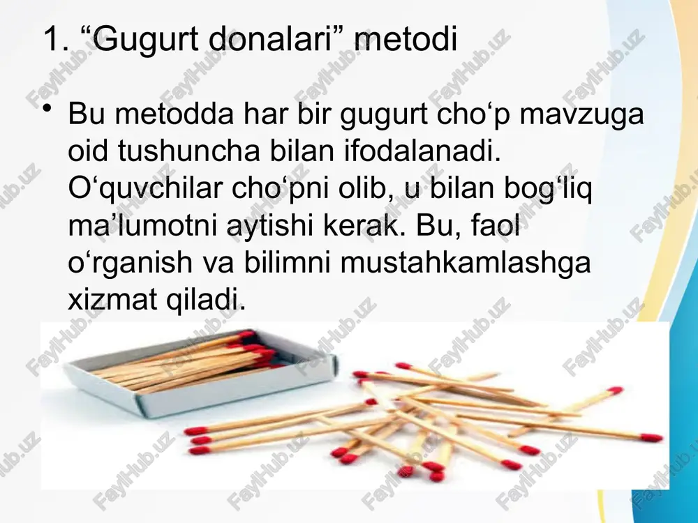 4 format metodi” bu metodda talabalar o‘z fikrini yozma ravishda bayon etadi. bu ularning tahliliy fikrlashi, mavzuga o‘z yondashuvini ishlab chiqishi va mantiqiy ketma-ketlikda ifodalashiga yordam beradi. bugungi kungacha o’tgan mavzulardan parta boshidan o’quvchilar listga atama yozib chiqdilar parta oxiridagilar esa o’qib berdi va kim tez va ko’proq yozgan guruh g’olib bo’ladi. 5. “rolli o‘yin” asosida pedagogik qobiliyatlar talabalar o‘qituvchi, o‘quvchi, metodist rollarida ishtirok etib, pedagogik qobiliyatlarni (tashkiliy, kommunikativ, analitik va boshqalar) amalda namoyon etadi. harakat orqali o‘rganish samarasini oshiradi. maqsad: o‘quvchilarga turli situatsiyalarda qarorlar qabul qilishni o‘rgatish. bajarish: o‘quvchilarga real hayotdagi biror vaziyatni tasvirlaydigan rollar beriladi (masalan, ilmiy tajriba, tarixiy shaxslarning bahsi va hokazo). ular o‘z roli bo‘yicha ish olib boradilar va turli holatlarni taklif etiladi. natija: o‘quvchilar bir-birining nuqtai nazarini anglab, guruh bo‘lib ish qilish va fikr almashishni o‘rganadilar. 6. test sinovi javoblari (to‘g‘ri variantlari) 1. kasbiy tafakkur, ishchanlik, kasbiy his-tuyg’ular madaniyati; 2. shaxs, kasbiy guruh, kasbiy jamoa; …