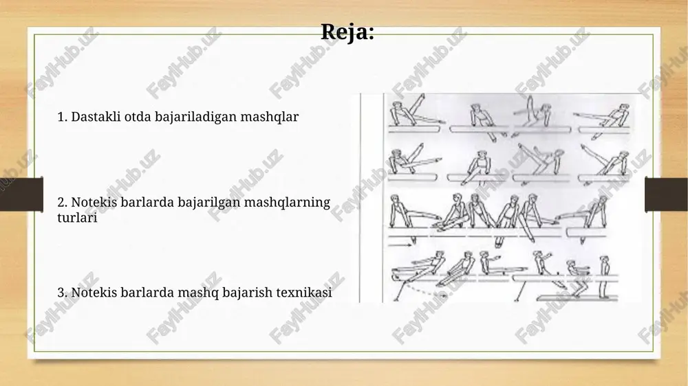 r o'tish va sakrashlarda 2-3 ta qo'l harakatlarini birlashtirgan holda, 0,5-1 soniya ichida bajarilishi mumkin bo'lgan murakkab elementlar mavjud. sakrash va o'tish elementlarini birlashtirishda, tortish kuchining kuchliligi va ritmik harakatlar muhim rol o'ynaydi, natijada 5-7 ball olinadi. mashqlarning murakkabligi ikki qo'lda bir vaqtda bajarilgan murakkab elementlar, masalan, "pak salto" yoki "pike salto", yuqori darajadagi kuch, moslashuvchanlik va texnik mahoratni talab qiladi va 8 balldan yuqori baholanishi mumkin. nosimmetrik harakatlar, masalan, bir qo'lda o'tirish yoki bir qo'lda aylanish kabi harakatlar, balans va kuch talab qiladi va 6-7 ball bilan baholanadi. tayanch va o'tish elementlari tayanch elementlari, masalan, qo'lga olish, o'tirish va turish harakatlari, ko'pincha 2-3 soniya davom etadi va gimnastning kuch va muvozanatini talab qiladi. "tayanch va o'tish elementlari" ning murakkabligi, bajarilish texnikasi va xavfsizlik choralari gimnastning tajribasi va malakasiga bog'liq, jumladan, 4-5 yillik mashg'ulotlarni o'z ichiga oladi. kuch mashqlari nosimmetrik brusyalarda bajariladigan ko'pgina mashqlar 2-3 ta asosiy tusishlarni (tayanch, o'girish, …