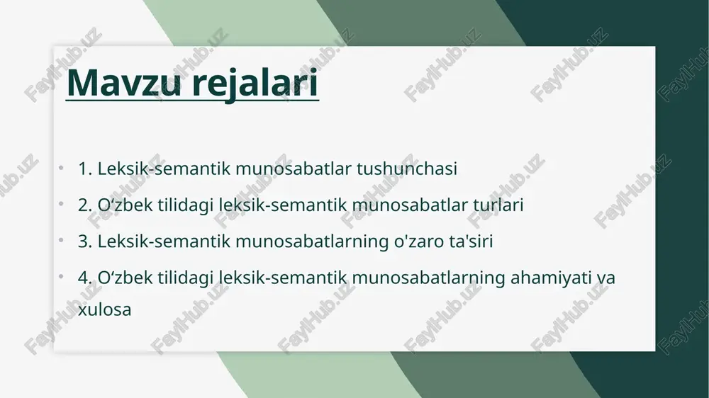 bi turli xil munosabatlar mavjud. har bir tur o'ziga xos xususiyatlarga ega va tilni yanada boyitadi. sinonimlar va antonimlar sinonimlar - bir xil yoki o'xshash ma'noga ega bo'lgan so'zlardir. ular bir-birining o'rnida ishlatilishi mumkin. antonimlar esa bir-biriga qarama-qarshi ma'noga ega bo'lgan so'zlardir. bu ikki tur leksik-semantik munosabatlarning asosiy qismlaridan biridir va tilning boyligini ta'minlaydi. homonimlar va polisemiyalar ushbu leksik-semantik munosabatlar tilshunoslikda muhim ahamiyatga ega. ular so'zlarni o'zaro bog'laydi va tilni yanada boyitadi, shuningdek, kommunikatsiya jarayonini osonlashtiradi. polisemiyalar esa bir so'zning bir nechta ma'noga ega bo'lishini anglatadi. masalan, 'yuz' so'zi inson yuzini ham, sonning yuzini ham anglatishi mumkin. bu munosabatlar tilning murakkabligini ko'rsatadi. homonimlar - bir xil talaffuzga ega, lekin turli ma'nolarga ega bo'lgan so'zlardir. ular kontekstga qarab turlicha talqin qilinadi. bu tur ko'pincha til o'rganishda qiyinchilik tug'diradi. leksik-semantik munosabatlar o'zaro ta'sirning ahamiyati leksik-semantik munosabatlar tahlili o'zbek tilida leksik-semantik munosabatlar, so'zlar o'rtasidagi ma'no va bog'lanishlarni o'rganadi. bu munosabatlar sinonimlar, antonimlar va …