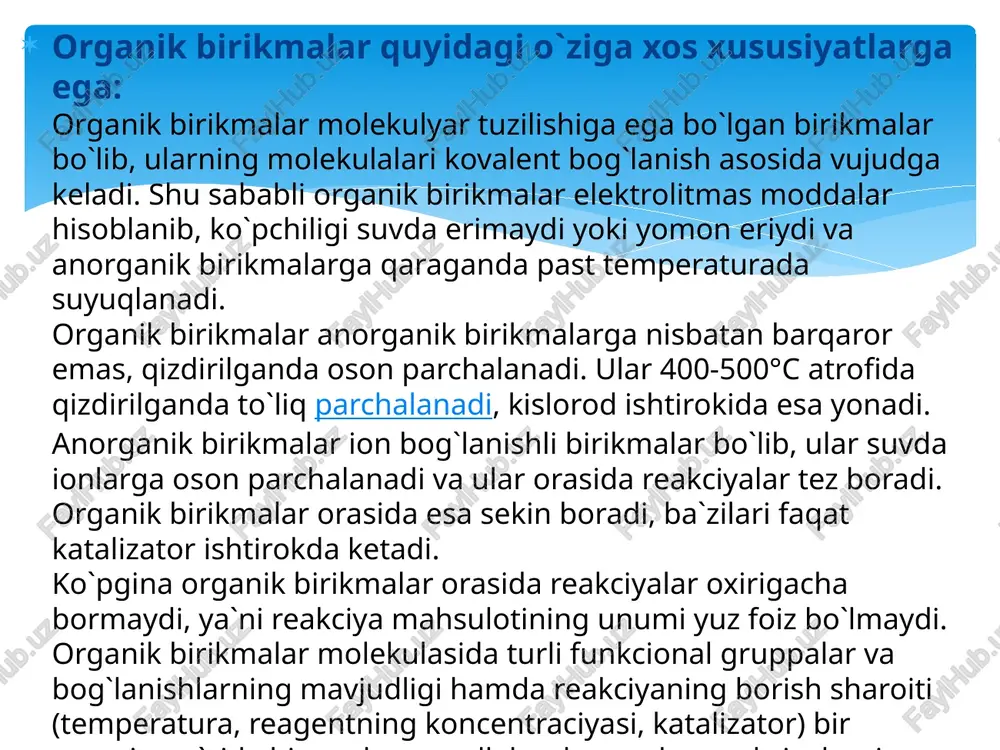 jir hosil qilish xususiyati bo`lsa, ikkinchidan, organik birikmalarda izomeriya hodisasining keng tarqalganligidir. organik kimyoda organik modda molekulasida atomlarning fazoviy joylanishini ifodalovchi struktura formulalaridan keng foydalaniladi. struktura formulalarida kovalent bog`lanish chiziqchalar orqali belgilanadi. shu bilan birga empirik va elektron formulalar ham ishlatiladi. quyida etan, etilen va acetilenning ana shunday formulalari keltirilgan. organik birikmalarning yuqorida keltirilgan o`ziga xos xususiyatlari uglerod atomining tuzilishi bilan tushuntiriladi. uglerod atomining to`rtta valent elektroni bo`lib, uglerod atomlari boshqa atomlar bilan, shuningdek, bir-biri bilan umumiy elektron juftlar hosil qiladi. bunda har qaysi uglerod atomining tashqi pog`onasida 8 ta elektron (oktet) hosil bo`ladi. organik birikmalarda uglerod atomining oksidlanish darajasi u hosil qiladigan bog`lanish soniga mos kelmaydi, ya`ni shu elementning valentligiga teng emas. ma`lumki, organik birikmalarda uglerodning oksidlanish darajasi –4 dan 0 va q4 gacha bo`lishi mumkin. masalan, metan ch4 da –4, metanol ch3oh da –2; metanal ( 9.4. ) da –0; chumoli kislota hcooh da q2; co2 da esa …