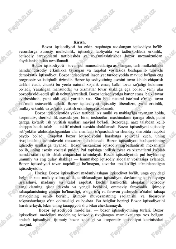 sh, pulni qarzga ko'tarib ish yuritish usullari mavjud bo'ladi. bozordagi narx talabdan kelib chiqqan holda talab — taklif nisbati asosida shakllanadi. bozor iqtisodiyoti iqtisodiy sub'yektlar alohidalashganidan ular manfaati to'qnashadi va shunday sharoitda raqobat paydo bo'ladi. raqobat bozor iqtisodiyotini harakatga soluvchi kuch, uning rivojlanishini ta'minlovchi mexanizm hisoblanadi. bozor iqtisodiyoti boshqarishning iqtisodiy usullariga tayanadi. bozor mexanizmi iqtisodiy rag'batlantirish mexanizmi bo'lib, uning asosiy vositasi puldir. pul topishga intilish tovar va xizmatlarni ko'plab hamda sifatli qilib ishlab chiqarishni ta'minlaydi. bozor iqtisodiyotida pul boylikning umumiy va eng qulay shakliga — hammabop iqtisodiy aloqalar vositasiga aylanadi. bozor iqtisodiyoti tovar taqchilligi bo'lmagan, tovarlar mo'lko'lligi ta'minlanadigan iqtisodiyotdir. hozirgi bozor iqtisodiyoti madaniylashgan iqtisodiyot bo'lib, unga quyidagi belgilar xos: mulkiy xilma-xillik, tartiblanadigan iqtisodiyot, davlatning iqtisodiyotga aralashuvi, madaniy va xalol raqobat, kuchli hamkorlik aloqalari, iqtisodiy tangliklarning qisqa davrda va yengil kechishi, ommaviy farovonlik, ijtimoiy tabaqalanishning chuqur bo'lmasligi, o'ziga to'q va farovon yashovchi o'rtahol tabaqa mavqeining oshib borishi, ijtimoiy muvozanatning saqlanishi va …