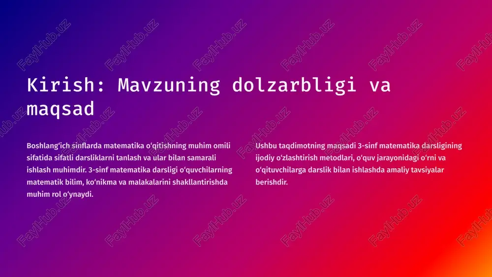 h. guruhiy ishlar o‘quvchilarni guruhlarga bo‘lib, darslikdagi vazifalarni birgalikda bajarish. taqdimotlar o‘quvchilarga darslikdagi mavzular bo‘yicha taqdimotlar tayyorlash va ularni sinfda namoyish qilish. 6 darslikdagi mavzularni hayot bilan bog‘lash o‘quvchilarga kunlik hayotda pul hisoblash bilan bog‘liq masalalarni hal qilish. vaqtni o‘lchov bilan bog‘liq masalalarni ko‘rib chiqish. geomatriya bilan bog‘liq masalalarni hayotdagi misollar orqali ko‘rsatish. 7 o‘qituvchining darslik bilan ishlashdagi roli 1 tanlash o‘qituvchi darslikni o‘quvchilarning yoshi, bilim darajasi va o‘quv maqsadlariga mos ravishda tanlaydi. 2 tushuntirish darslikdagi materiallarni o‘quvchilarga tushunarli tarzda tushuntiradi. 3 yordam berish o‘quvchilarga darslikdagi vazifalarni bajarishda yordam beradi, qiyinchiliklarni bartaraf etishga yordam beradi. 4 baholash o‘quvchilarning darslik bilan ishlash natijalarini baholash. 8 misollar darslikdagi masalalarni o‘yin shaklida o‘tkazish, masalan, “kim tezroq” o‘yini. o‘quvchilarni guruhlarga bo‘lib, har bir guruhga darslikdagi turli xil vazifalarni bajarish vazifasini berish. o‘quvchilarga darslikdagi mavzular bo‘yicha taqdimotlar tayyorlash, masalan, “sonlar ketma-ketligi” yoki “ko‘paytirish va bo‘lish” mavzusida. o‘quvchilarga o‘zlarining matematik masalalarini yaratish va ularni sinfda hal …