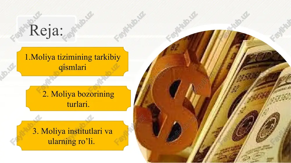 lmagan voqealar oqibatida yetkaziladigan zarardan himoyalaydi. investitsiya uchun fondlarni yig'ish - sug'urta kompaniyalari to'plangan sug'urta to'lovlarini investitsiya qiladilar logistik tizimlarning samaradorligini baholashda quyidagi ko‘rsatkichlardan foydalanish mumkin: 10 10 umumiy logistik xarajatlar; logistik servisning sifati; logistik sikl vaqtining uzunligi; unumdorligi; - logistik infratuzilmalarga sarflangan investitsiyalami qaytishi. moliya institutlari va ularning ro’li. banklar - kredit, depozit, ro'yxatdan o'tkazish, to'lovlar, xavfsizlik xizmatlari ko'rsatadi. qimmatli qog'ozlar markazi - qimmatli qog'ozlar bozorini tartibga soladi va operatsiyalarni amalga oshiradi. sug'urta kompaniyalari - ixtisoslashgan sug'urta xizmatlarini taqdim etadi va risklarni boshqaradi. 11 11 moliya siyosatining asosiy yo’nalishlari. 12 moliya siyosatining asosiy maqsadlari iqtisodiy barqarorlik, o'sish va rivojlanishni ta'minlashdir 12 1.makroiqtisodiy muvozanat 2. narx barqarorligi 3. iqtisodiy o'sish 4. to'lov balansi 5.bandlik xulosa va takliflar 📄 xulosa - moliya tizimi mamlakatning iqtisodiy faoliyatini muvofiqlashtirish, resurslarni samarali taqsimlash va barqarorlikni ta'minlashda muhim rol o'ynaydi. 📄 takliflar - moliya tizimining barqaror va samarali ishlashi uchun uning qonuniy asoslarini mustahkamlash, professional …