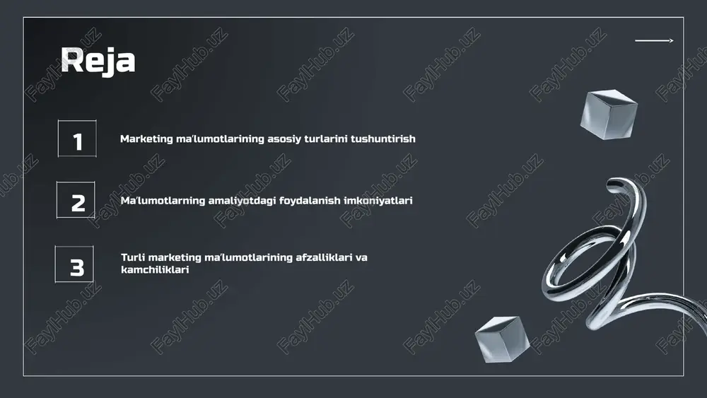 , iqtisodiy ko'rsatkichlar kabi statistikalar va ma'lumotlar miqdoriy ma'lumotlarga misol bo'la oladi. maʼlumotlar turlarining taqqoslanishi sifatli va miqdoriy ma'lumotlar o'rtasidagi farqlar sifatli ma'lumotlar sifat, tushunchalar va tavsiflar bilan bog'liq bo'lib, so'rovnomalar, intervyular va kuzatishlar orqali o'rganiladi. mijozlarning fikrlari va motivatsiyalarini aniqlashda qo'llanadi. har bir turdagi ma'lumotlarning afzalliklari va kamchiliklari miqdoriy ma'lumotlar statistik tahlil va jadval shaklida bo'lib, katta hajmdagi ma'lumotlarni tez va aniq tahlil qilish imkonini beradi. sifatli ma'lumotlar chuqur tahlil uchun qulay, ammo umumiylashtirishda cheklovlar bor. maʼlumotlarning amaliyotdagi foydalanish imkoniyatlari marketing maʼlumotlarining ahamiyati marketing maʼlumotlari strategik qarorlar qabul qilishda muhim rol oʻynaydi, xaridor odatlarini tahlil qilish va mahsulot takliflarini optimallashtirish uchun foydalaniladi. masalan, mijozlar xarid qilish odatlarini oʻrganish orqali marketing kampaniyalarini moslashtirish mumkin. maʼlumotlarni tahlil qilish usullari statistik metodlar, maʼlumotlar bazasi tahlili, sunʼiy intellekt texnologiyalari va swot, regressiya, klasterlash kabi usullar marketing strategiyalarini rivojlantirishda qoʻllaniladi. bu usullar yordamida bozor tendensiyalarini aniqlash va raqobatchilar bilan muvaffaqiyatli kurashish mumkin. maʼlumotlarni faqatgina …