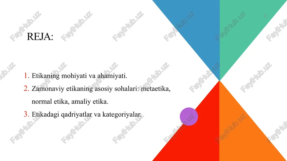 gan. jumladan, «falsafa: qomusiy lug‘at»ida: «axloq (arab. xulqning ko‘pligi; lot. moralis — xulq-atvor) — ijtimoiy ong shakllaridan biri 6 har bir insondan umri davomida jamiyatda qabul qilingan urf-odat, an’ana va qonun-qoidalarga amal qilishi talab etiladi. ana shu jarayonda inson va jamiyat o‘rtasida yuzaga keladigan obyektiv aloqadorlik, ya’ni ijtimoiy munosabat — xulq atvor, odob, xatti-harakat, prinsip va normalarning majmuasi axloq ning mazmun-mohiyatini tashkil etadi. «axloq» so‘zi arabchadan olingan bolib, insonning muomala va ruhiy xususiyatlari majmuyini, fe’lini, tabiatini anglatadigan «xulq» so‘zining ko‘plik shaklidir. «axloq» iborasi ikki xil ma’noga ega: umumiy tushuncha sifatida u fanning tadqiqot obyektini anglatsa, muayyan tushuncha sifatida inson fe’l-atvori va xatti-harakatining eng qamrovli qismini bildiradi. axloq deb, avvalo inson bilan inson, so‘ngra inson bilan jamiyat o‘rtasidagi obyektiv va subyektiv aloqadorliklar tufayli kelib chiqadigan, shaxsiy va umumiy manfaatlarni muvofiqlashtirib turish asosida har bir shaxs, jamoa, ijtimoiy guruh, millat, elatning hayoti va faoliyatini boshqaradigan, tartibga soladigan, yaxshi ezgu niyatlar sari yo‘naltiradigan, …