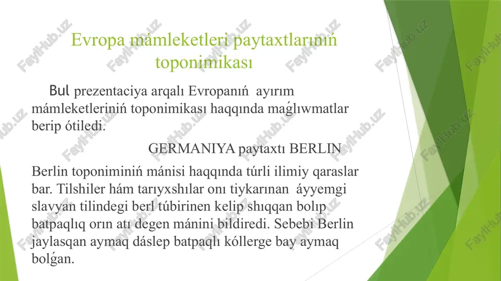 axtı sofiya sofiya sózi grek tilinen kelip shıqqan bolıp danalıq hikmet degen mánisti bildiredi. qala atı usı sóz benen atalǵan áyyemgi xristian ibadatxanası-aya sofiya muqaddes danalıq sherkewı sharapatına qoyılǵan. tarıyxıy formalarınan biri bolǵan serdika-bul jerde jasaǵan serd qáwimi atınan kelip shıqqan sredest-oray mánisinde yaǵnıy orta ásirlerde slavyanlar isletken degen boljawlarda ushırasadı. xiv ásirden baslap qala atı tiykarınan ibadatxana aya sofiya atı menen ataqlı bolıp áste aqırınlıq penen basqa atları ornın basadı. norvegiya paytaxtı oslo oslo áyyemgi skandinaviya tilindegi norse sózinen alınǵan. oslo-qudaylar maydanı degen mánisti bildiredi. ayırım tilshiler os dárya awızı aǵım mánisinde talqılaydı. bul jaǵdayda oslo dárya awızı jaqınındaǵı otlaq jer mánisin bildiredi. tarıyxına júzlenetuǵın bolsaq xvii ásirde daniya patshası kristian iv qalanı qayta qurǵannan keyin onı bir qansha waqıt (1624-1925) kristianiya dep ataydı. 1925-jıldan keyin qalanıń eski atı oslo menen atala baslaydı. ukraina paytaxtı kiev ańızlarǵa qaraǵanda qalanı 4 aǵa-ini – kiy shchek xoriv hám olardıń sińlisi lybid …