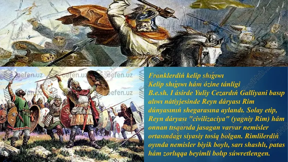 xshısı - gregoriy turstiń atap ótiwinshe, frankler pannoniyadan (rim provinciyası) kelip shiqqan. tyuringiya (shigis germaniya) hám belgiyaga jaylasıwdan aldın reyn (germaniyada jaylasqan) wálayatına kóship ótken. "fredegar jilnomasi" hám avtorı belgisiz "franciya tariyxı kitabı" kóbirek ápsanalıq túsindiriwdi bergen. olardıń hár biri frankler kelip shiģıwın troya urısı menen baylanıstıradı. ápsana boyinsha, pacha priam 12 000 troyan qashqınların pannoniyaga alıp kelgen hám ol jerde sikambriya qalasına tiykar salgan. ayırımları sol jerde qaldı, basqaları francio atlı basshınıń izinen reynge shekem barıp, ol jerde frankler atı menen tanıladı. troya menen baylanıslılıq, bálkim, frankler ushın troyalılardan kelip shiqqanın dáklengen rimliler menen teńdey shańaraq beriwge urınıw bolǵan. bul tariyxtıń kelip shıǵıwı, álbette, ápsanalı bolsa da, jan vud sıyaqlı ayırım zamanagóy ilimpazlar frankler úlken migraciya etkenine hám reynlandta payda bolǵanına isenim beriwge tiykar joq ekenligin atap ótedi. mısalı, buqa súwreti, ásirese, áhmiyetli bolgan shıǵar. kinotavr dep atalgan buqa baslı, teńiz jirtqish haywanı frankler basshısı - merovex atası bolganlıǵı …