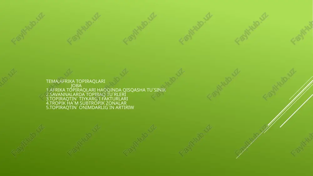 arqa. subtropik jerlerinde hám de qubla shetlerinde mudam jasıl putalıqlar tipik ósimlikler bolıp tabıladı; taw qaptal bag'irlari ormanlar menen oralǵan. afrikada 40000 den artıq gulli ósimlik túrleri bar. afrikanıń úlken bólegi paleotropik ob-lastga kiredi. sahrası úlken hám afrikanıń arqa jaǵası golarktika oblasti quramında bolıp tabıladı. kontinenttıń eń qubla-batıs shetsi kap oblastini payda etedi. tapıraq ónim bolıwınıń tiykarǵı faktorları 1 ána jinis tapıraq payda bolıw processinde áne tasdıń roli úlken. onıń ximiyalıq quramı hám fizikalıq qásiyetleri tapıraq dúzilisin belgileydi. 2 klimati temperatura, jawın jawıwı hám samal tapıraqtıń qáliplesiwinde úlken rol aynaydı. 3 ósimlikler hám haywanlar ósimlikler organikalıq elementler menen to'yintiradi, haywanlar bolsa tapıraqtı aralastırıp, onı boyitadi. tropik hám subtropik zonalar topraqları 1 ferralit topraqlar tropik ormanlarda, joqarı temperatura hám jawın jawıwı sharayatında payda boladı. 2 laterit topraqlar jamǵır máwsimnen keyin qurǵaqlay máwsimdiń keliwi menen payda boladı. 3 chernozem topraqlar savanna zonalarında payda bolıp, organikalıq elementlarǵa bay hám ónimli esaplanadı. 4 qızıl …