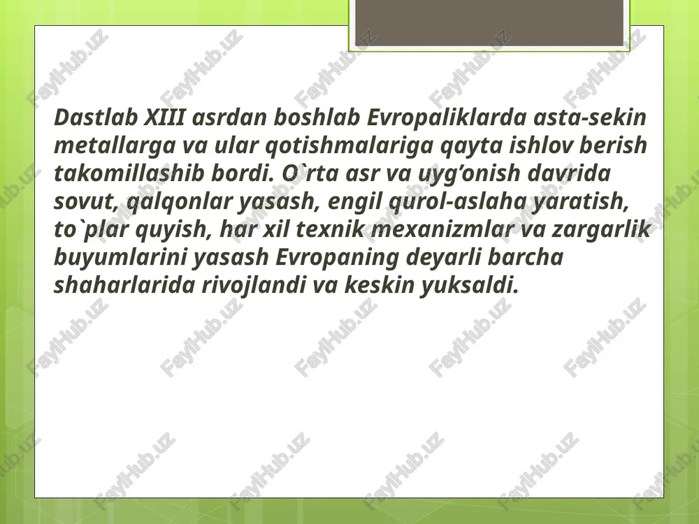 ma`lumoti bo`yicha shifokor, yatrokimyo tarafdori, vrach va aptekachi sifatida avstriya, germaniyada va gollandiyada faoliyat ko`rsatgan. u o`zining o`tkir aqliy mushohadasi tufayli turli kimyoviy jarayonlar mohiyatini ko`ra bilgan va natijalarni to`g’ri tahlil etgan. kimyoviy ishlab chiqarishning texnologik jarayonlarini tushuntirish maqsadida olim “yangi falsafiy pechlar” asarini yaratadi. bu asarda o`zi ixtiro qilgan laboratoriya va sanoat pechlari, isitish qurilma-larining konstruktsion tuzilishlari haqida aniq ma`lumotlar keltiradi. bu esa osh tuziga sul’fat kislota ta`sir etishda hosil bo`lgan gaz holatidagi hcl ni haydab olish qurilmasi. i.r. glauber ish qo`llanmasidan olingan 1648 yilda. teofrast paratsel’s (1493-1541 yy.) nemis shifokori va kimyogari, eyzindel’n yaqinidagi ettselda shifokorlar oilasida tug’ilgan, (to`liq nomi filipp aureol teofrast bombast fon gogengeym), kimyo faniga asos-langan tabobat san`ati bilan yatrokimyoga asos solgan. xvii - xviii asrlarda qo`llanilgan kimyoviy qurilmalar. a.libaviyning “alkimyogar” (1597 y.) kitobidan olingan. image2.emf image3.emf image4.emf image5.emf image6.emf image7.emf image8.emf /docprops/thumbnail.jpeg