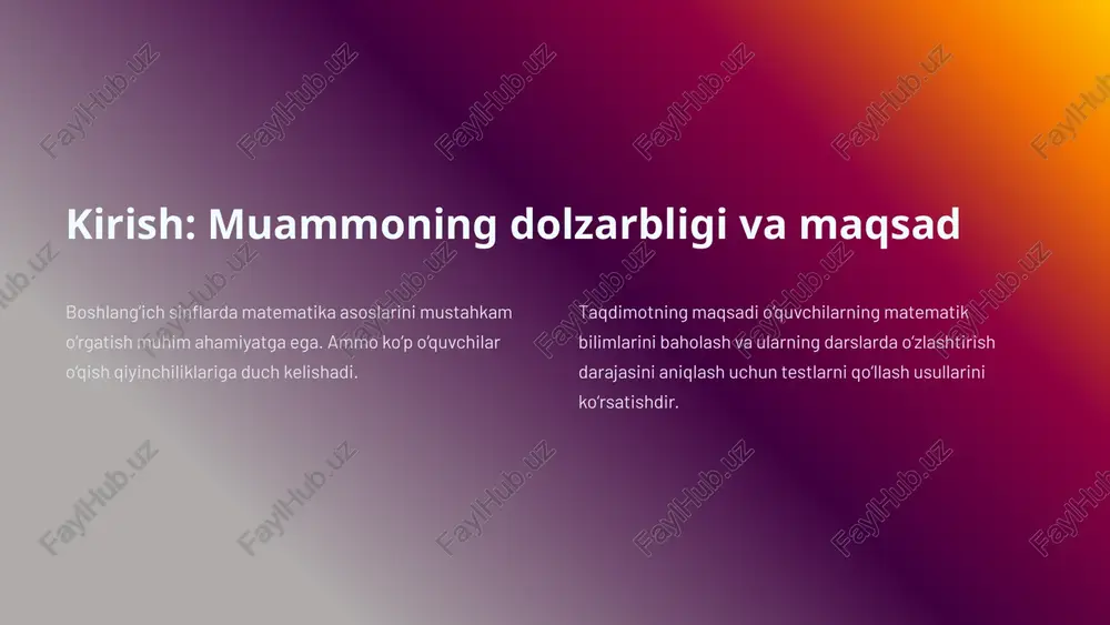 i va mustaqil fikrlash qobiliyatini rivojlantirishga yordam berishi mumkin. 5 test natijalarini tahlil qilish va xulosalar chiqarish test natijalarini tahlil qilish o‘qituvchilarga o‘quvchilarning matematik bilimlarini chuqurroq tushunishga yordam beradi. tahlil o‘quvchilarning qanday mavzularda qiyinchiliklarga duch kelayotganini va ularning o‘zlashtirish darajasini aniqlashga yordam beradi. tahlil natijalariga ko‘ra o‘qituvchilar o‘qitish usullarini qayta ko‘rib chiqishi, o‘quv jarayonini takomillashtirishi mumkin. 6 o'qituvchilar uchun tavsiyalar: testlarni tuzish va qo'llash bo'yicha 1 test savollari o‘quv dasturiga mos kelishi va o‘quvchilarning yosh xususiyatlariga moslashtirilishi kerak. 2 har bir testda turli xil test turlarini qo‘llash (tanlovli, ochiq savol, amaliy topshiriqlar) o‘quvchilarning turli xil qobiliyatlarini baholashga yordam beradi. 3 testlarni muntazam ravishda o‘tkazish, o‘quvchilarning matematik bilimlarini doimiy nazorat qilish va ularning rivojlanishini kuzatib borishga imkon beradi. 7 testlar orqali o'quvchilarning o'zlashtirish darajasini oshirish yo'llari test natijalariga ko‘ra o‘quvchilarning qiyinchiliklarga duch kelayotgan mavzularda qo‘shimcha mashqlar va takrorlashlarni o‘tkazish tavsiya etiladi. o‘quvchilarga o‘z xatoliklarini tahlil qilish, ularning sabablarini tushunish va keyingi …