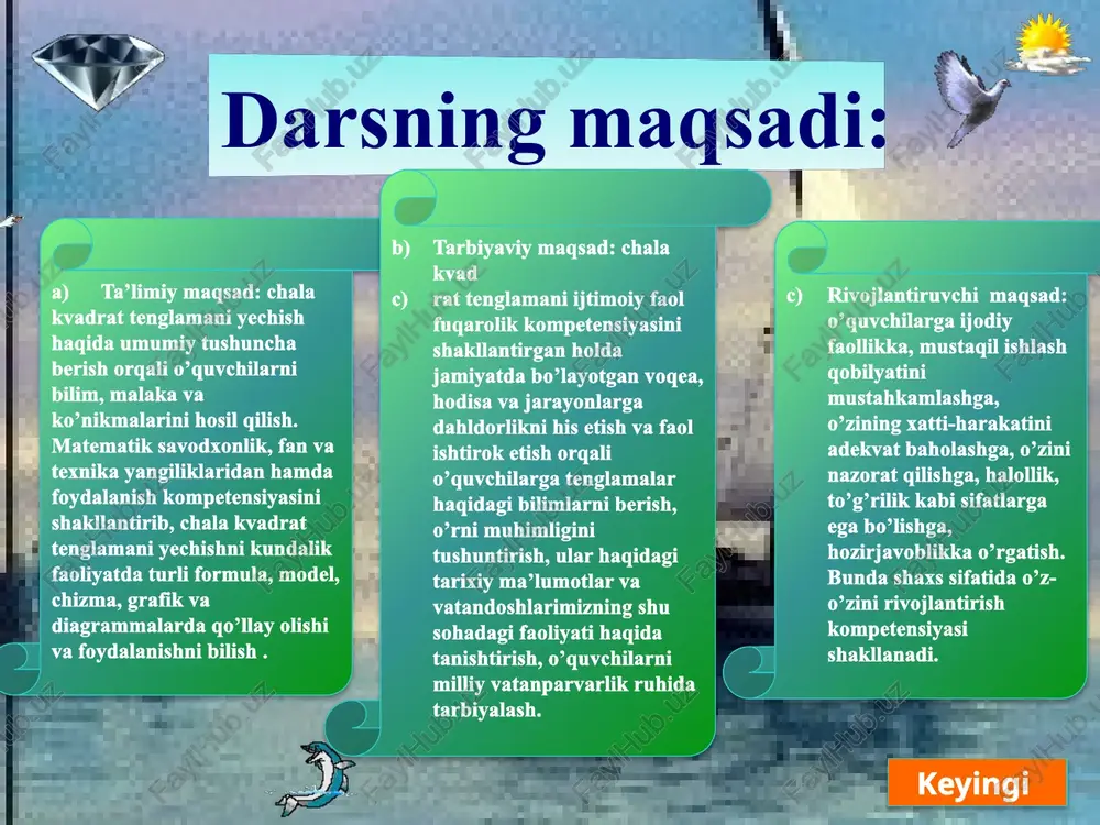 ishmandlar oroli ziyokorlar oroli topqirlar oroli uddaburonlar oroli omadlilar oroli fidokorlar oroli taraqqiyot oroli bilimdonlar oroli oldingi 1 6 7 8 5 4 3 2 keyingi oldingi o’tilgan mavzuni takrorlashga oid lahzali savollar rifmetik kvadrat ildiz nima? sonning kvadrat i dizi bilan shu sonning arifmetik kvadrat ildizi orasida qanday farq bor? rats onal son deb nimaga aytiladi? kvadrat ildiz chiqari amali nima? u qanday amalga teskari amal? irratsional son d b nimaga aytiladi? darajani kvad at ildizi deganda nimani tushunasiz? a utun sonlar deb nimaga aytiladi? haqiqiy s n deb nimaga aytiladi? ko’paytmani kvadrat ildizi de nimaga aytiladi? kasrni kvadrat ildizi deganda nimani t shuna siz? kas ni majrajini irratsionallikdan qutulish deganda nimani tushunasiz? l i sh e r b o b u r alisher bobur donishmandlar oroli ziyokorlar oroli topqirlar oroli uddaburonlar oroli omadlilar oroli fidokorlar oroli taraqqiyot oroli bilimdonlar oroli oldingi 2 4 3 8 5 7 1 …