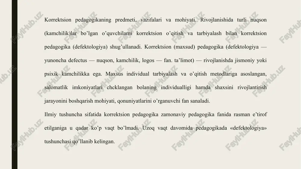 bilan birqatorda tarbiyaviy va korrektsion-o’qitish, psixokorrektsion faoliyatni ham amalga oshirilishini ta’minlaydi. korrektsion-pedagogik faoliyat maxsus ta’lim dasturiga muvofiq mutaxassislar yordamida anomal o’quvchilarni o’qitish, tarbiyalash va rivojlantirishga yo’naltirilgan yaxlit jarayon. korrektsion pedagogikaning asosiy vazifalari. turli kategoriyali anomal bolalarni rivojlantirish, o’qitish va tarbiyalashning umumiy qonuniyatlari mavjud. korrektsion pedagogikaning asosini anomal bolalarni har tomonlama, fiziologik va psixologik o’rganish tashkil etib, uning vazifalari sirasiga quyidagilar kiradi: hello 1 rivojlanishida turli kamchiliklar bo’lgan bolaning nuqsonlarini tuzatish va korrektsion-kompensatorli imkoniyatlarini aniqlash. 2 differensatsiyali o’qitish va tarbiyalashni amalga oshirish maqsadida anomal bolalarning muammolarini hal etish. 3 anomal bolalarni aniqlash va hisobga olish. 4 rivojlanish anomaliyasini erta diagnostika qilish metodlarini ilmiy jihatdan ishlab chiqish. 5 bolalarda rivojlanish nuqsonlarini tuzatish, yo’qotish yoki kamaytirish bo’yicha chora-tadbirlarni ishlab chiqish. 6 anomal bolalikning oldini olish bo’yicha profilaktik chora- tadbirlar tizimini ishlab chiqish. korrektsion pedagogikaning kategoriyalari. korrektsion pedagogika quyidagi pedagogik kategoriyalarga ega: anomal bolalarni o’qitish va rivojlantirish ularni ijtimoiy hayot va mehnatga tayyorlash, ularda …