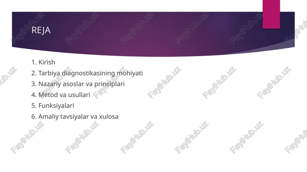 larga objektivlik, tizimlilik, doimiylik, shaxsga yo‘naltirilganlik, integratsiyalashganlik va etik tamoyillar kiradi. bu prinsiplarga rioya qilmasdan olingan ma’lumotlar noto‘g‘ri xulosalarga olib kelishi mumkin, shuning uchun har bir bosqichda nazariy asoslardan kelib chiqish lozim. metodologiya tarbiya diagnostikasining metodologiyasi indikatorlar, mezonlar va o‘lchov vositalarini aniq belgilashga asoslanadi. unga ko‘ra tarbiyaviy natijalarni baholash uchun kvantitativ va sifatli ma’lumotlarni uyg‘unlashtirish zarur; buning uchun mezonli baholash, rubrikalar, psixodiagnostik testlar va nazariy interpretatsiya qo‘llaniladi. shuningdek, metodologiyada validlik (o‘lchovning mohiyatni qamrab olishi) va ishonchlilik (ma’lumotlarning barqarorligi) tamoyillari muhim o‘rin tutadi. triangulyatsiya — ya’ni bir nechta manbalardan ma’lumot yig‘ish — xulosalarning aniqligini oshirishga xizmat qiladi. metod va usullari tarbiya diagnostikasida qo‘llaniladigan asosiy usullar: kuzatuv, suhbat, intervyu, testlar, so‘rovnomalar, portfel (portfolio), baholash jadvali va mezonli baholashlar; shuningdek, sotsiometrik va guruh dinamika metodlari ham muhimdir. har bir usul o‘zining afzalliklari va cheklovlariga ega: masalan, kuzatuv real vaziyatni aks ettiradi, testlar esa kvantitativ ko‘rsatkichlarni beradi. amaliyotda usullarni kombinatsiyasi tavsiya etiladi: masalan, portfel …