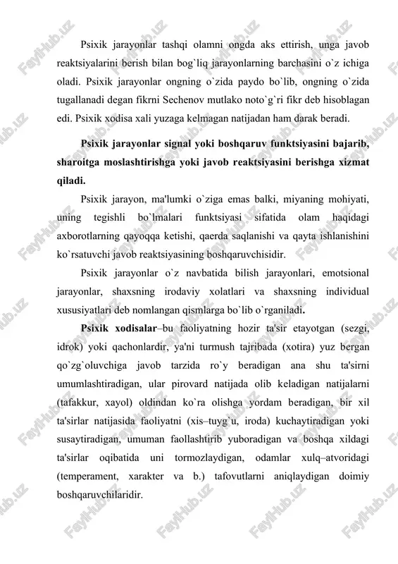 rsatadi. psixik jarayonlarda i signallar tizimi bilan bir qatorda odam uchun xos bo`lgan ii signallar tizimi ham ahamiyatlidir. xoxlagan psixik jarayonning sodir bo`lishi va davom etishi shunday bir ruhiy xodisaga bog`liqki u barcha jarayonlarda ishtirok etadi, uning samaradorligiga ta'sir o`tkazadi. bu diqqatdir. diqqat ongning bir nuqtaga qaratilishi bo`lib, shaxsning aktivligini hamda uning ob'ektiv borliqdagi narsa va xodisalarga tanlovchi munosabatini xarakterlaydi. diqqat bo`lmasa, aniq maqsadga qaratilgan faoliyat ham bo`lmaydi. diqqatning uch turi bor: ixtiyorsiz, ixtiyoriy, ixtiyoriydan so`nggi diqqat turi. diqqatning quyidagi xususiyatlari bor: diqqat ko`lami, davomiyligi, taqsimlanishi, chalg`ishi, ko`chishi, mazmuni va diqqat barcha kasb egalari uchun ham birday zarurdir. ilm olish, kasb egallash, sifatli mahsulot ishlab chiqarish, el–yurt xurmatiga sazovor bo`lish uchun ongni bir nuqtaga to`plab faoliyat ko`rsatish zarur. sezgilar. tevarak atrofdagi olamning boyligi haqida, tovushlar va ranglar, xidlar va xarorat, miqdor va boshqa ko`plab narsalar to`g`risida biz sezgi a'zolari vositachiligida axborotlarga ega bo`lamiz. sezgi deb sezgi a'zolarimizga bevosita ta'sir etib …