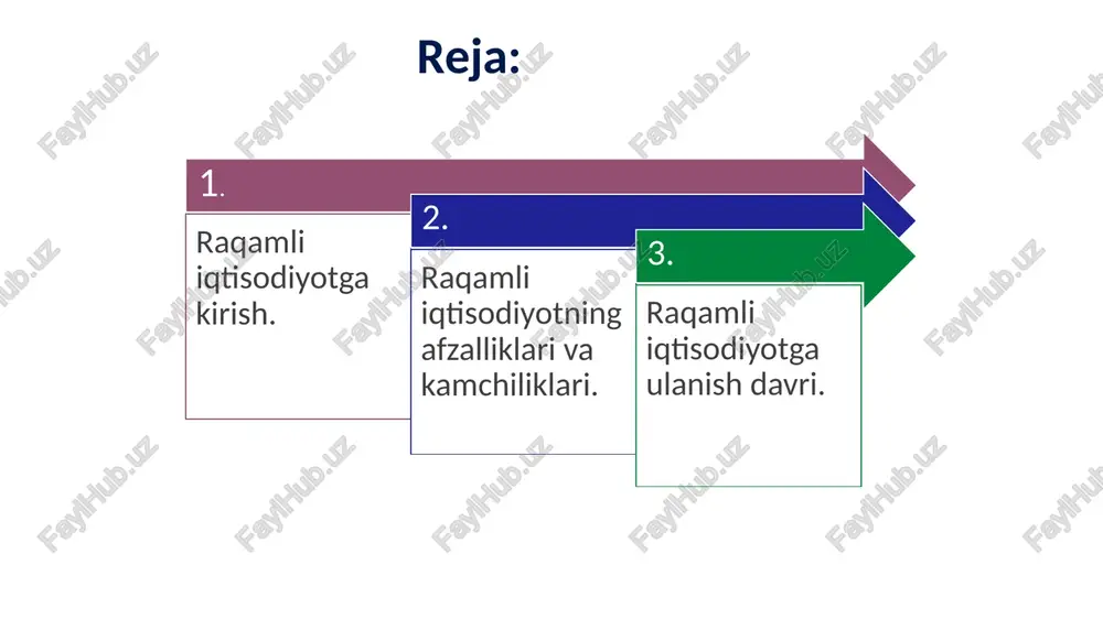 ularni o'zlarini tutishini boshqarish uchun foydalanish); ishsizlikni oshishi, axborot texnoloiyalarini rivojlanishi va uni tadbiq qilinishi ortidan bir qancha sohalar va kasblar yo'q bo'lib ketishi mumkin. 8 fr 8 raqamli iqtisodiyotning vujudga kelishi. 9 fr 9 10 raqamli iqtisodiyoti rivojlangan dunyo davlatlari "raqamli" davlatlar bugungi kunda norvegiya, shvetsiya va shvetsariya hisoblanishadi. raqamli iqtisodiyot rivojlangan 10 ta davlatlar qatoriga aqsh, buyuk britaniya, daniya, finlandiya, singapur, janubiy koreya va gonkong kiradi va boshqalar. 11 dunyo tajribasini o'rganish natijasida shu narsa aniq bo'ldiki, raqamli iqtisodiyoti rivojlangan mamlakatlarda raqamli iqtisodiyotda davlat(hukumat) bozor "o'yin" qoidalarini o'yinning barcha ishtirokchilari uchun belgilaydi va bunda davlatning eng muhim vazifasi sifatida o'yin ishtirokchilari uchun bir xil, teng huquqli va imkoniyatli sharoit yaratib berish hisoblanadi. ya'ni, bozorda katta kompaniya bo'ladimi yoki kichik biznes, ular teng huquqli hisoblanadi. ularga bir xil imkoniyatlar beriladi. raqamli iqtisodiyotda davlatning o'rni demak, raqamli iqtisodiyot rivojlanishi uchun davlat hamma uchun teng sharoit yaratib berishi, iloji boricha bozor …