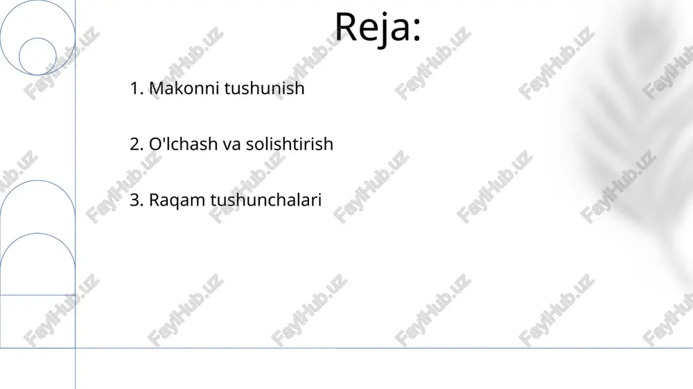 ha o'yinchoqlarni bo'lishish kabi amaliy tajribalar orqali paydo bo'ladi. raqamlarni tanib olish va sanash: bolalar raqamlar ketma-ketligini tushuna boshlaydilar va kichik to'plamlarni sanay oladilar. makon bo'yicha mulohaza yuritish: bolalarda erta bosqichda makonda joylashish ko'nikmalari rivojlanadi, bu ularga o'lcham va shakllarni taqqoslashga, shuningdek asosiy geometrik tushunchalarni anglashga imkon beradi. 6. erta matematika ko'nikmalari: kelajak o'rganish uchun poydevor ularning miqdoriy qobiliyatlari ko'pincha rasmiy hisoblash yoki o'lchovga qaraganda, vizual taqqoslash va taxmin qilishga asoslangan. makonniy fikrlash ob'ektlarning nisbiy joylashuvi va o'zaro munosabatlarini tushunishni o'z ichiga oladi. 3-4 yoshli bolalar soni, o'lchami va shakli kabi miqdoriy tushunchalarni rivojlantira boshlaydilar. 7. makonni tushunish va geometrik tushunchalar e'tiboringiz uchun rahmat @taqdimot_robot image1.png image2.png image3.png image4.png image5.png image6.png image7.png image8.png