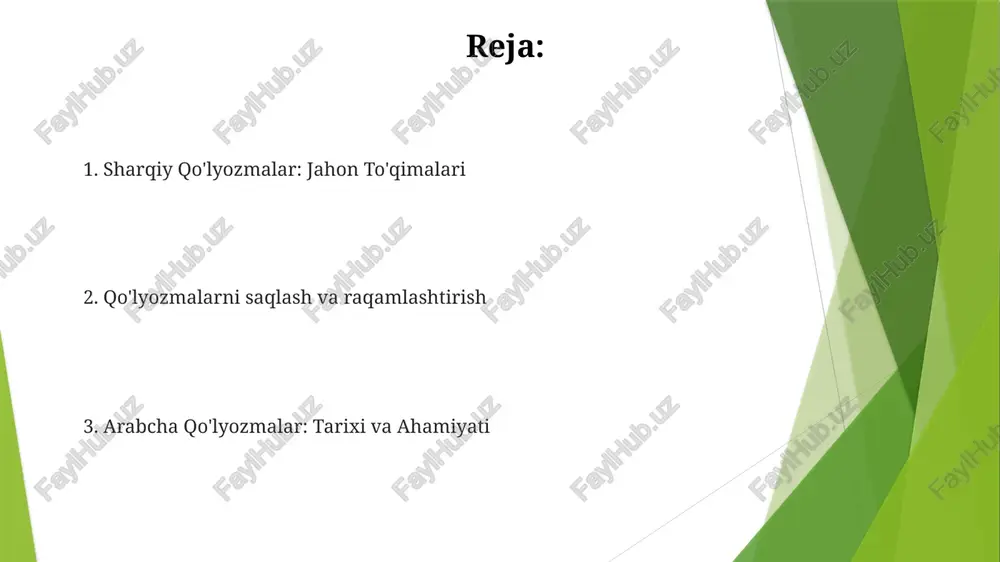 t va saqlashning kelajak yo'nalishlari raqamlashtirish va kirish mumkinligi: kengroq kirish imkoniyatini ta'minlash uchun raqamli kutubxonalarni kengaytirish va qidiruv funksiyalarini yaxshilash. muzeylarni saqlash va muhofaza qilish: moʻrt qoʻlyozmalarni saqlash va atrof-muhitning zararli taʼsiriga qarshi kurashish uchun yangi texnologiyalarni ishlab chiqish. arabcha qo'lyozmalarga kirish arab tilida yozilgan qo'lyozmalar: arab tilida yozilgan turli xil qo'lyozmalarni, turli janrlar va davrlarni o'z ichiga oladi. arab yozuvlariga kirish: arab yozuvlarining tarixi, materiallari va talqini haqida ma'lumot beradi. muhim arabcha qo'lyozmalari 10-asrda yozilgan "kitob al-hayavon" (hayvonlar kitobi) al-jahiz tomonidan yozilgan zoologiya entsiklopediyasi. qur'on, eng muhim arabcha qo'lyozmasi hisoblanadi. arab xattotligi tarixi arab tilida qo'lyozma ishlab chiqarish milodiy 7-asrda boshlangan va islom madaniyatining rivojlanishi bilan birga gullagan. sharq qo'lyozmalari, jumladan, fors, hindiston va xitoydan kelganlar, ko'pincha bezatilgan yozuvlar va murakkab bezaklar bilan bezatilgan. qo'lyozma tadqiqotlaridagi qiyinchiliklar va imkoniyatlar. saqlash va raqamlash: qariygan materiallar, atrof-muhit zararlari va cheklangan resurslar kabi qiyinchiliklar mavjud. imkoniyatlar esa ilg'or raqamlash va onlayn …