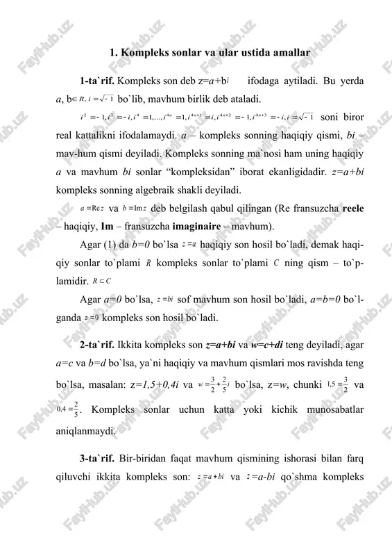 i o`zingiz tekshirib ko`ring: (z, w va u – kompleks sonlar) agar va w kompleks sonlar +w=0 tenglikni qanoatlantirsa, va w o`zaro qarama qarshi kompleks sonlar deyiladi. ga yagona qarama-qarshi son mavjud bo`lib, uni - bilan belgilash qabul qilingan: ga qarama-qarshi son - = dir. agar va w kompleks sonlar tenglikni qanoatlantirsa, z va w o`zaro teskari kompleks sonlar deyiladi. har qanday kompleks songa yagona teskari son mavjud, bu son bilan belgilanadi: ga teskari son: dan iborat. =0 songa teskari son mav-jud emas. ga teskari sonni quyidagicha yozish maqsadga muvofiqdir: kompleks songa teskari sonni topishda quyidagi teoremalardan foydalanish mumkin: 1-teorema: 2-teorema: mashqlar 84. berilgan kompleks sonlar uchun haqiqiy qismi va mav-hum qismi ni aniqlang? 85. berilgan haqiqiy va mavhum qismlari bo`yicha kompleks sonni yozing: 86. quyidagi tengliklardan x va y ni toping: 87. quyidagi sonlarga qarama-qarshi sonni toping: 88. quyidagi sonlarga teskari sonni toping: 89. va w berilgan. ular ustida …